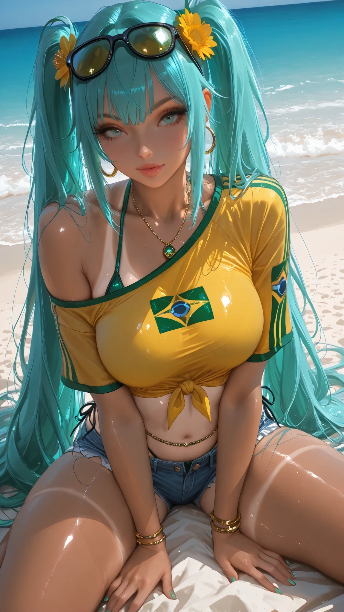 SakimiStyle,lms,Suchwet,style-paintmagic,masterpiece, Highest quality、Extremely Detailed CG Uniform 8K Wallpaper, masterpiece, semi realistic, 1girl,((dynamic angle)), ultra detailed,face focus, best quality, newest, ultra glossy, hetero, smooth, seamless, (large ), , thick thighs, uncensored, volumetric lights, glossy, shiny, glowing, luminous, laminating, reflective lights, hyper reflective, artist:moriimee, ExpresHGothicNeonIncase, beach background , simple background , beach environment , day light ,solo, sakimichan style, beautiful face, adult, woman, 1girl,brmeek, twintails,aqua hair , aqua eyes , very long hair, dark-skinned female, tanlines,,hair flower, hoop earrings, eyewear on head, necklace, yellow shirt, midriff, jewelry, belly chain, bracelet, under clothes, side-tie bottom, short shorts, denim,,brazilian flag print,,single shoulder, side tie, tied shirt, , posing, in and pose , sitting , , leaning forward , on all four , figure ,perfect body , front view, sakimichan style, eyes , metal poster