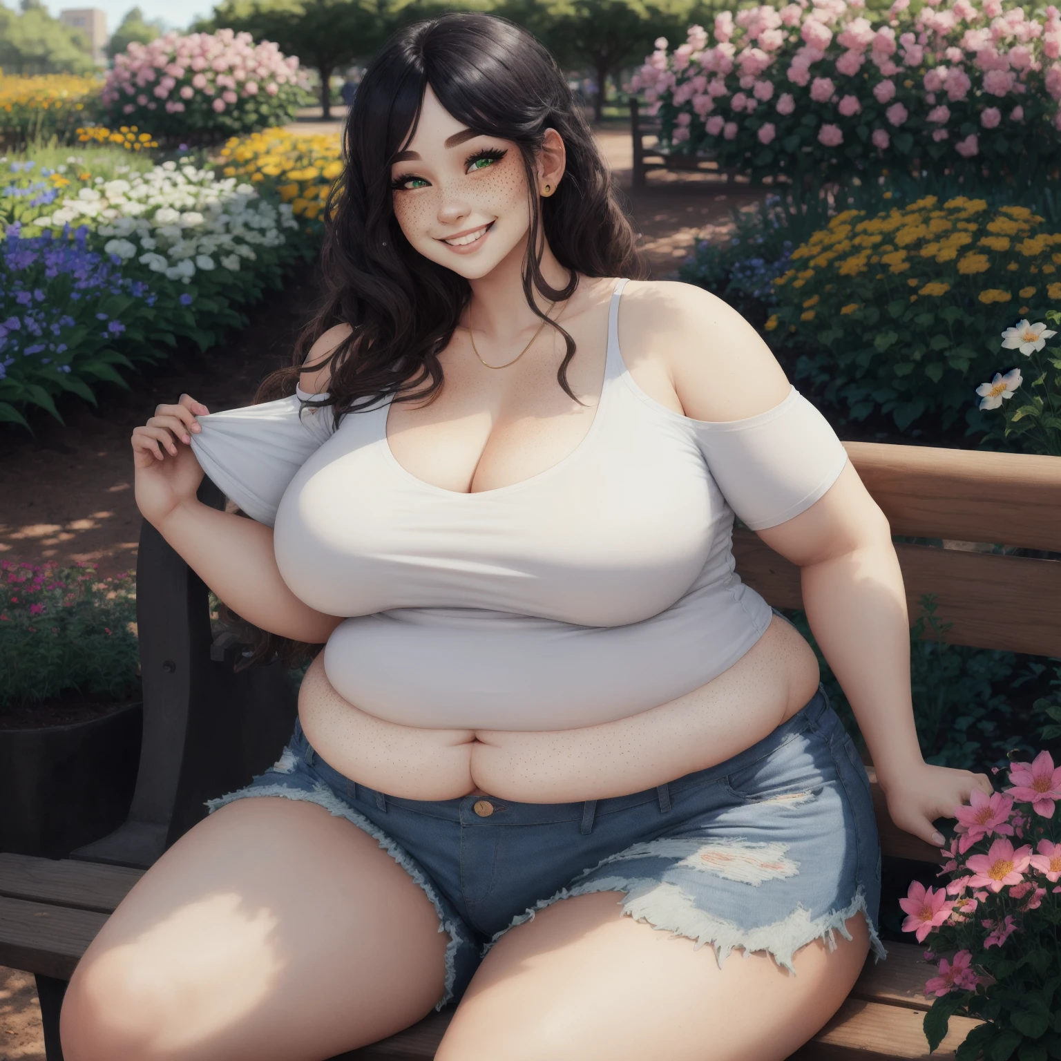 masterpiece, best quality, extreme detail, 8k, detailed background, perfect face,freckles,(chubby girl,chubby:1.22), wide hips,(asymmetrical blunt_bangs), black hair, long hair, sanpaku_eyes, teeth, short shorts, v-neck shirt, cleavage, small , freckels, teeth, outdoors, park, park bench, dirt path, garden, flowers, green eyes, solo,  shoulders, smiling,
 <lora:chubby girl:0.9>