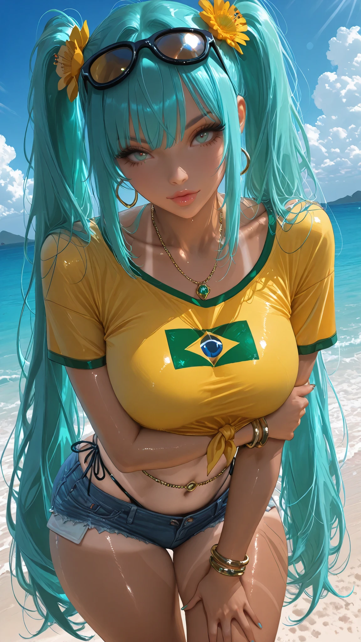 SakimiStyle,lms,Suchwet,style-paintmagic,masterpiece, Highest quality、Extremely Detailed CG Uniform 8K Wallpaper, masterpiece, semi realistic, 1girl,((dynamic angle)), ultra detailed,face focus, best quality, newest, ultra glossy, hetero, smooth, seamless, (large ), , thick thighs, uncensored, volumetric lights, glossy, shiny, glowing, luminous, laminating, reflective lights, hyper reflective, artist:moriimee, ExpresHGothicNeonIncase, beach background , simple background , beach environment , day light ,solo, sakimichan style, beautiful face, adult, woman, 1girl,brmeek, twintails,aqua hair , aqua eyes , very long hair, dark-skinned female, tanlines,,hair flower, hoop earrings, eyewear on head, necklace, yellow shirt, midriff, jewelry, belly chain, bracelet, under clothes, side-tie bottom, short shorts, denim,,brazilian flag print,,single shoulder, side tie, tied shirt, , posing, in and pose , standing , holding own arm, leaning forward , figure ,perfect body , front view, sakimichan style, eyes , metal poster