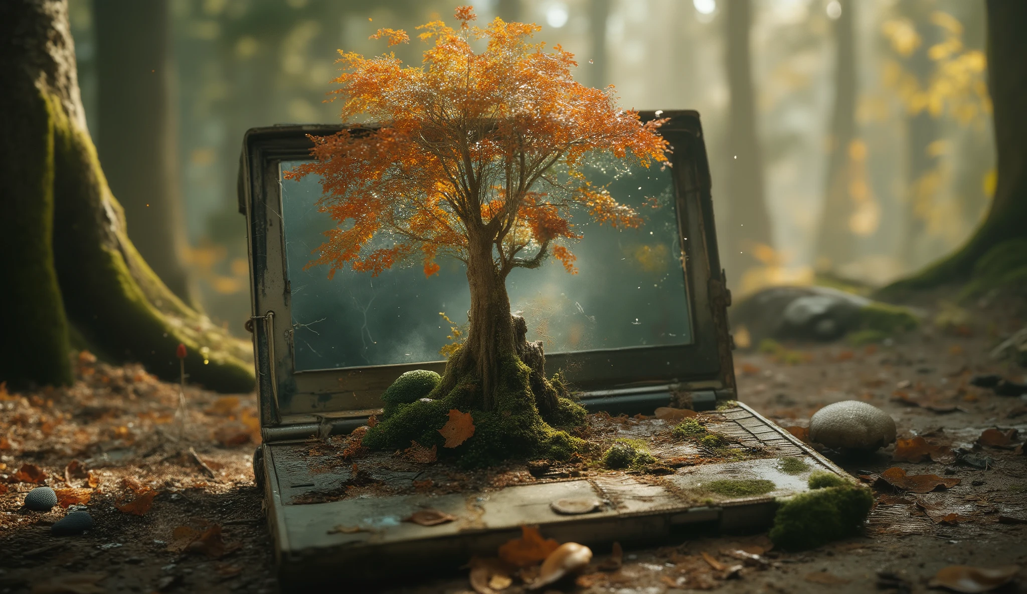 Extremely grunge textured whimsical nature fusion art, magical realism: A delicate, intricately detailed bonsai tree with filigree leaves in vibrant autumn colours like orange and yellow, overgrown with moss and dangling vines, surrounded by fallen leaves and blue-beige, rough mushrooms, grows out of the weathered keyboard of a rotten laptop with heavily cracked screen lying on the forest ground. The fine roots of the tree sprout from between the keys of the keyboard. Rain drops. The background is blurred, disappearing into a shimmering warm haze flooded with sunlight.
vibrant natural colours and sandy creme tones, layered, fragmented, mist, paint splatter, beautiful vibrant colours, reflections. 128k, HDR.