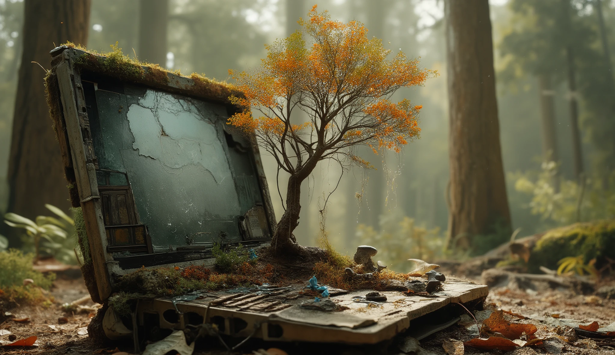 Extremely grunge textured whimsical nature fusion art, magical realism: A delicate, intricately detailed bonsai tree with filigree leaves in vibrant autumn colours like orange and yellow, overgrown with moss and dangling vines, surrounded by fallen leaves and blue-beige, rough mushrooms, grows out of the weathered keyboard of a rotten laptop with heavily cracked screen lying on the forest ground. The fine roots of the tree sprout from between the keys of the keyboard. Rain drops. The background is blurred, disappearing into a shimmering warm haze flooded with sunlight.
vibrant natural colours and sandy creme tones, layered, fragmented, mist, paint splatter, beautiful vibrant colours, reflections. 128k, HDR.