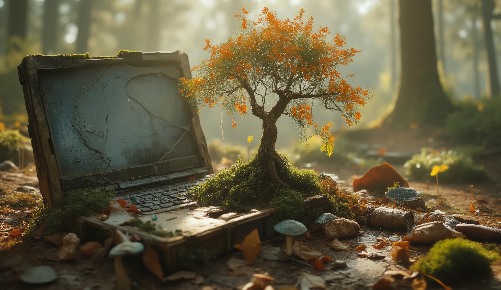 Extremely grunge textured whimsical nature  fusion art, magical realism: A delicate, intricately detailed bonsai tree with filigree leaves in vibrant autumn colours like orange and yellow, overgrown with moss and dangling vines, surrounded by fallen leaves and blue-beige, rough mushrooms, grows out of the weathered keyboard of a rotten laptop with heavily cracked screen lying on the forest ground. The fine roots of the tree sprout from between the keys of the keyboard. Rain drops. The background is blurred, disappearing into a shimmering warm haze flooded with sunlight.
vibrant natural colours and sandy creme tones, layered, fragmented, mist, paint splatter, beautiful vibrant colours, reflections. 128k, HDR.