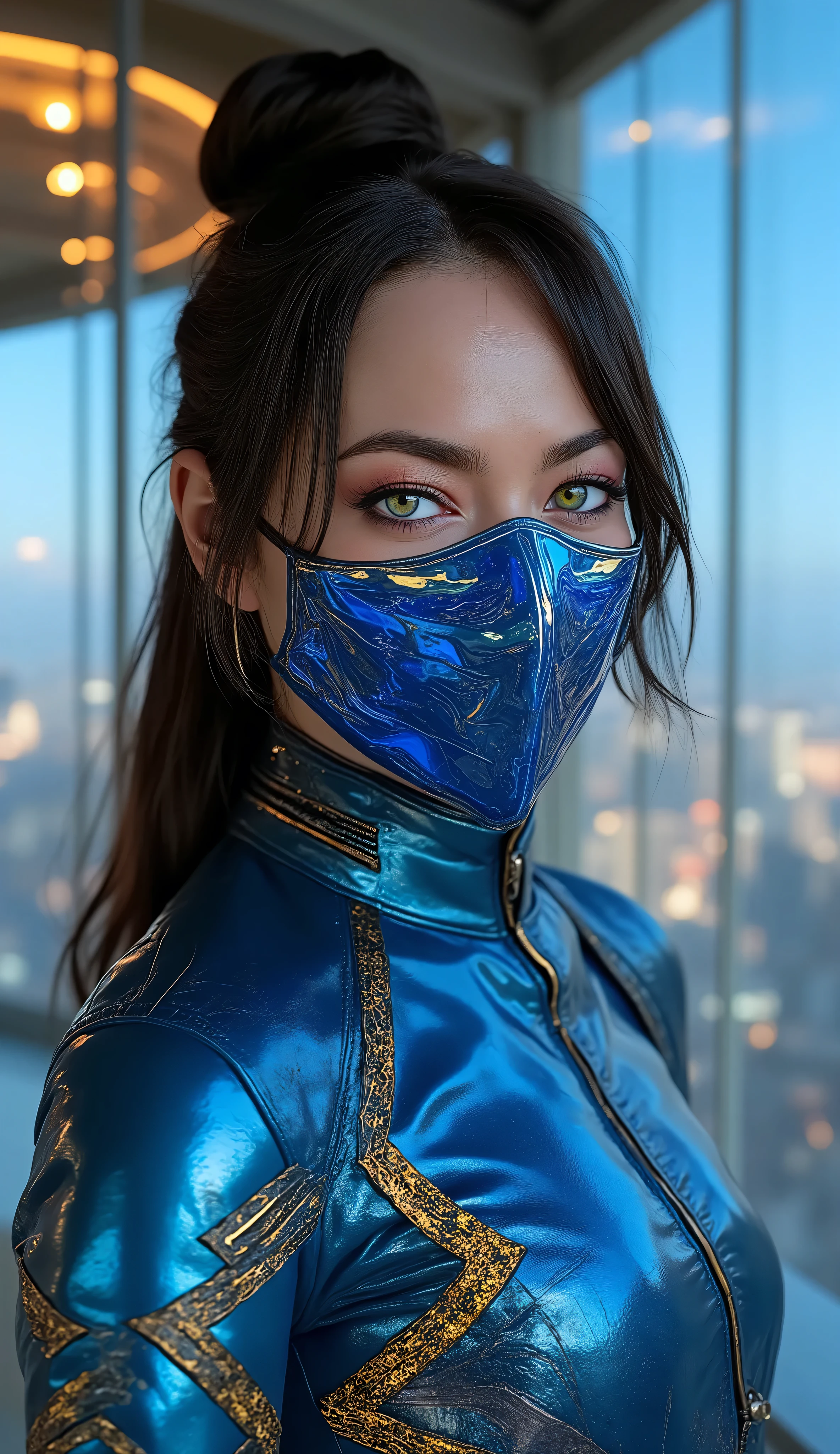 Ultra-realistic portrait of Emma Stone as Kitana, the elegant and powerful warrior from Mortal Kombat.
She wears a blue metal mask that covers only her mouth, with futuristic lines and subtle carvings that reflect neon lights.
Long black hair is tied in an elaborate and elegant bun, with loose locks that fall gently around the face, } reflecting blue and violet tones that enhance the texture silky threads.
Emma wears the iconic blue costume metallic by Kitana, made of shiny leather or vinyl, with gold geometric patterns and pointed shoulders. The costume fits the body perfectly, conveying confidence and grandeur, without losing combat functionality.
Your expression is firm and decisive, with intense green eyes and striking makeup — dark eyeliner and shadows that accentuate the look.
The lips, painted in a deep red tone, convey mystery and strength, while the realistic details of her face — freckles, natural skin texture and authentic light — preserve the actress's essence.
The setting is a modern dojo in a technological cover, with glass walls that reveal the urban horizon illuminated in shades of blue and gold.
The moist metallic floor reflects neon lights, and light fog gives cinematic depth.
Holographic panels project ancient symbols in motion, creating the perfect fusion between technology and mystical energy.
📸 cinematic 8k , hyper-realistic textures, authentic reflections, soft golden-blue light, dynamic depth of field, volumetric atmosphere and live-action style.