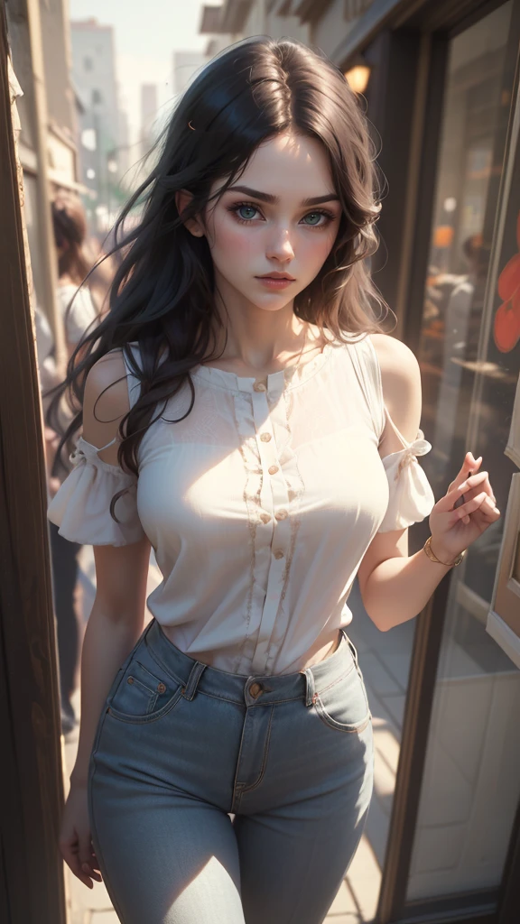 Realistic, Genuine, Beautiful and stunning landscape oil painting Studio Ghibli Hayao Miyazaki Petals Grassland Blue Sky Grassland Country Road,building, --v6、24-year-old female、Sexy proportions、、Summer dress with lace decoration、Mules、