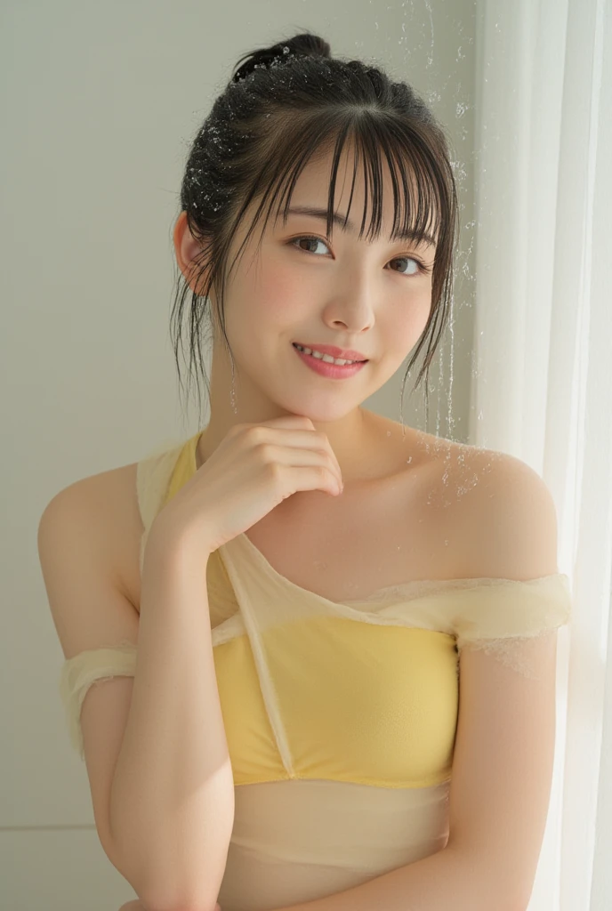 Daytime、garden、petals dancing in the wind、A beautiful woman in her twenties, realistically drawn down to the finest details of her skin, Nostalgic mood and beautiful skin、Wet Skin、smile