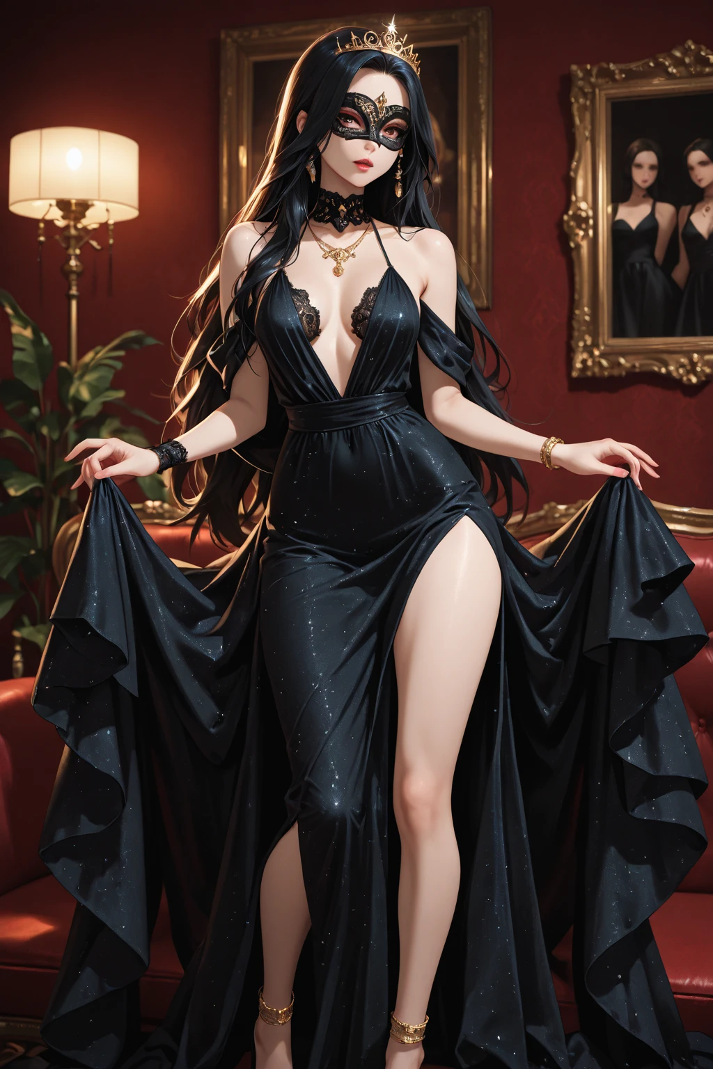 At the door, there is a woman in a black dress posing, full body fairy, beautiful fantasy queen, elegant and charming cosplay, wearing a translucent red aristocratic suit, royal elegant pose, ((beautiful fantasy queen)), flowing magic robe, tight short skirt succubus, fantasy robe, classical witch robe, crimson robe, beautiful and elegant queen, (Qi bangs), (ring finger diamond ring), masterpiece, realistic