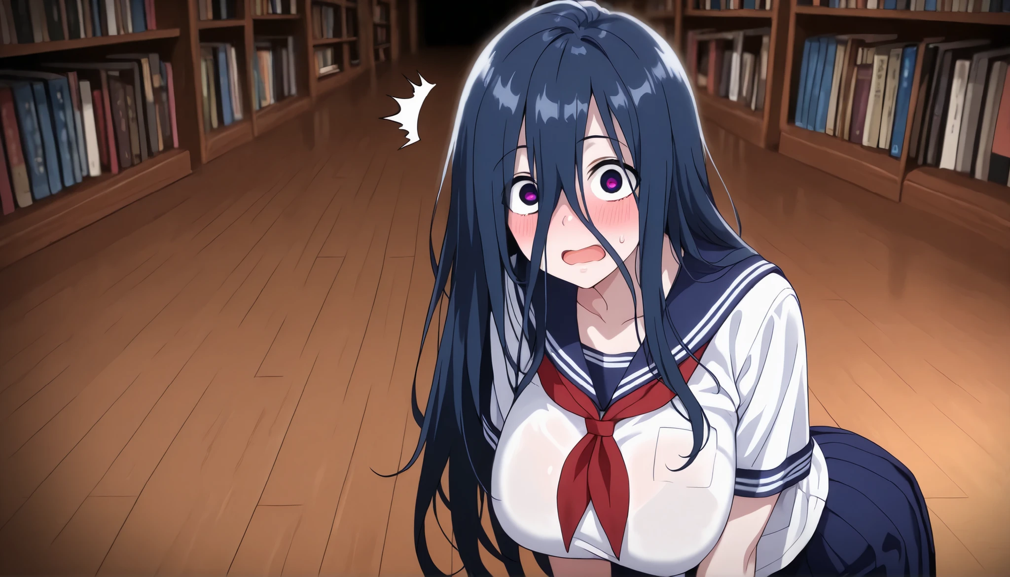 Masterpiece, Top Quality, Viewer's Eyes, Surprised, Embarrassed, Sadako, Big Breasts, Navy Blue Sailor Uniform, Short Sleeves, Library, Floor