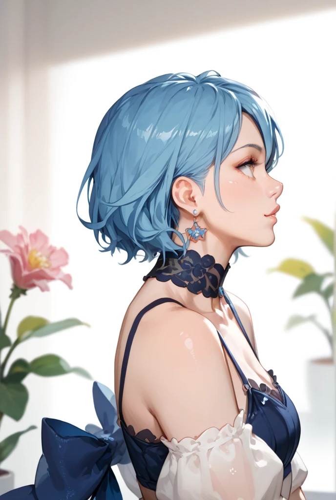 masterpiece, 最high quality, high quality, very detailed CG uniform 8k wallpaper, 1 girl, alone, blue hair, tattoo, short hair, have, jewelry, smile, necklace, looking at the audience, have, realistic, open your mouth, teeth, Upper body, vest, nose,  shoulders, artist name, black tiara, clavicle, arm tattoo, blue eyes, lips, Blur, oil, award winning photography, Bokeh, Depth of the bounds written, HDR, bloom, chromatic aberration, realism, very detailed, art station, high detail, dramatic, mid-journey art