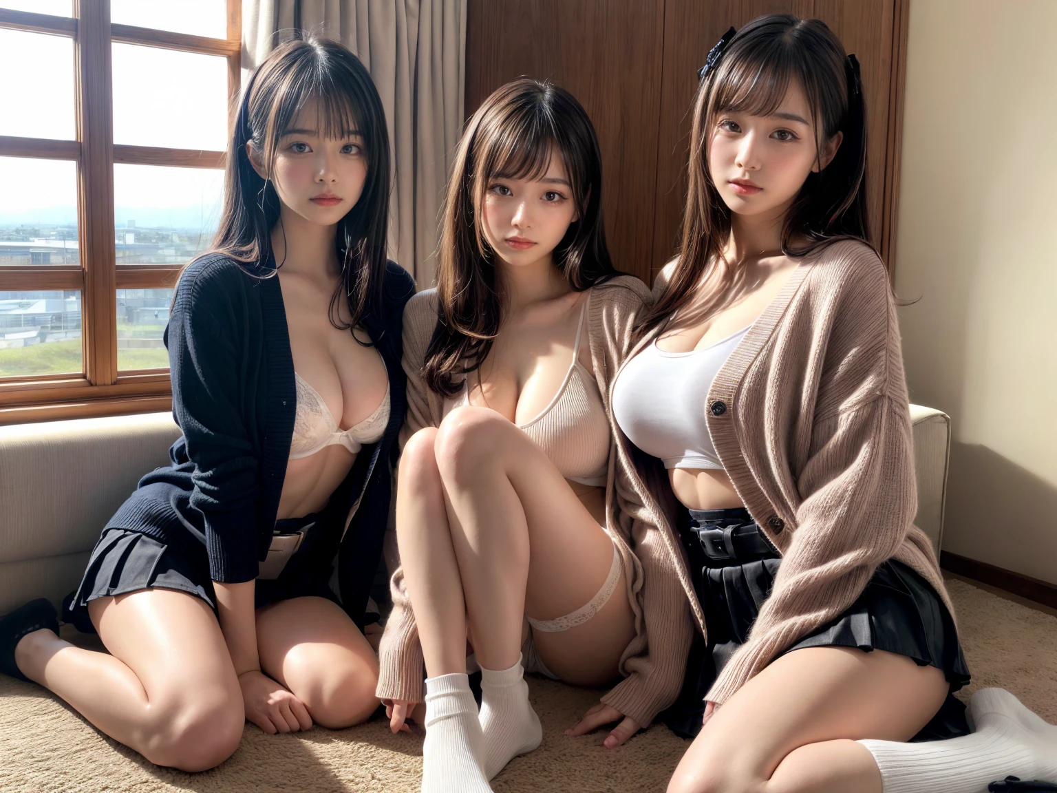Three Asian women in  taking pictures in the room, 4K], 4k ], Japanese goddess, sakimichan hdri, Japanese, [32k HD]^10, cute girls, (Completely :1.0)、tits, (Not wearing a )、beautiful girlfriend, fully dressed, sakimichan, beautiful girl, Real young gravure idol, hungry ghost festival