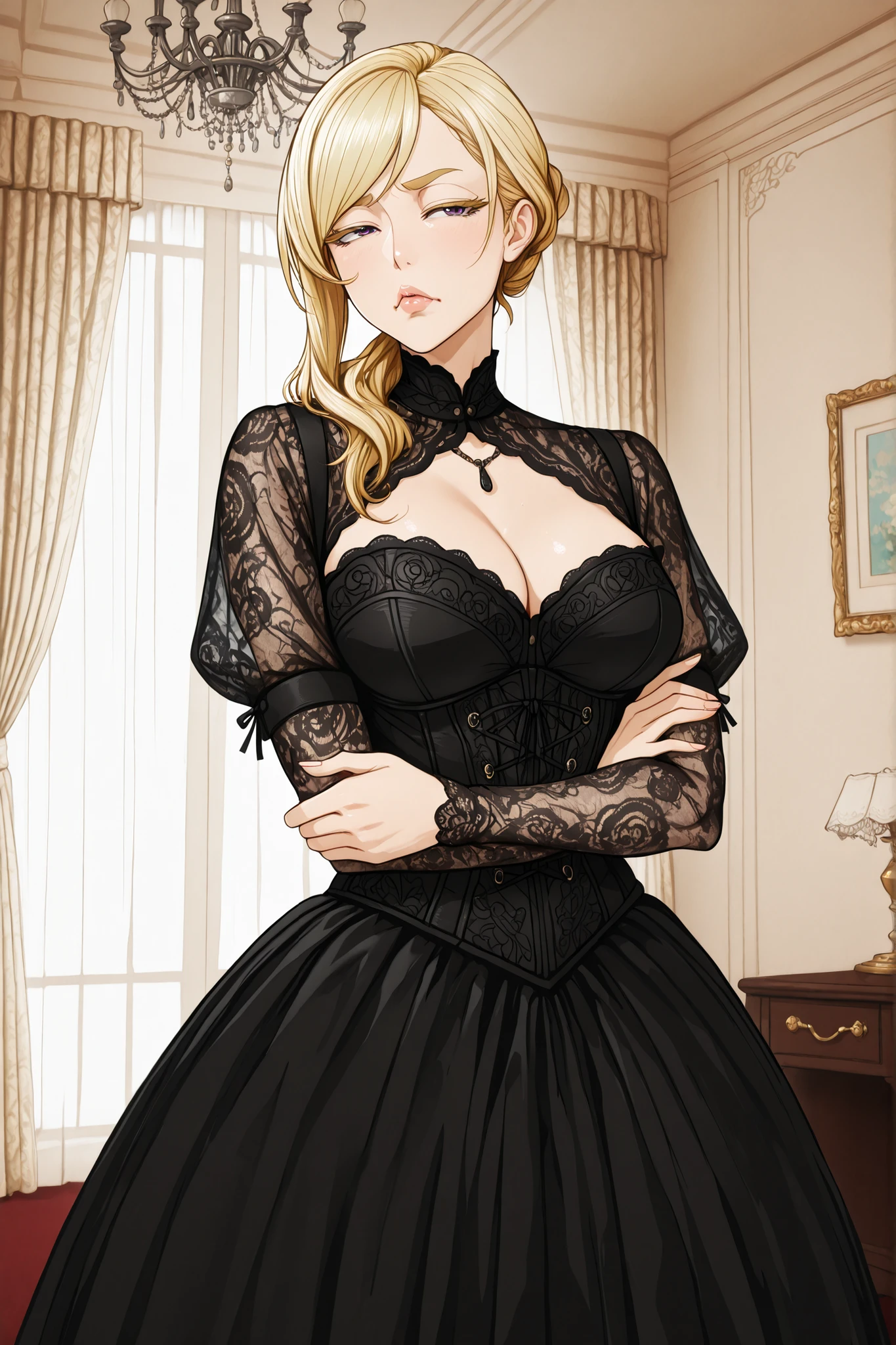 Cartoon-style illustration with flat shading. A blonde woman from 1820s Brazil stands in the center of a lavish aristocratic mansion. She wears an opulent aristocrat dress typical of the period: wide skirt, embroidered bodice, lace sleeves, and pearl accents. Her long blonde hair is styled with side-swept bangs and pinned curls. Blonde eyelashes and eyebrows
Her arms are crossed tightly, and she fans herself with a decorative hand fan in sharp, irritated motions. Her expression is one of visible annoyance—eyebrows furrowed, lips pursed, eyes narrowed with aristocratic disdain.
The background features tall windows with velvet curtains, gilded furniture, and a chandelier casting soft light. The atmosphere is tense and theatrical, emphasizing her emotional state. Thick black outlines, flat colors, and simplified anime-inspired anatomy define the illustration. Clean lines and sharp focus highlight the contrast between her refined appearance and her agitated mood.