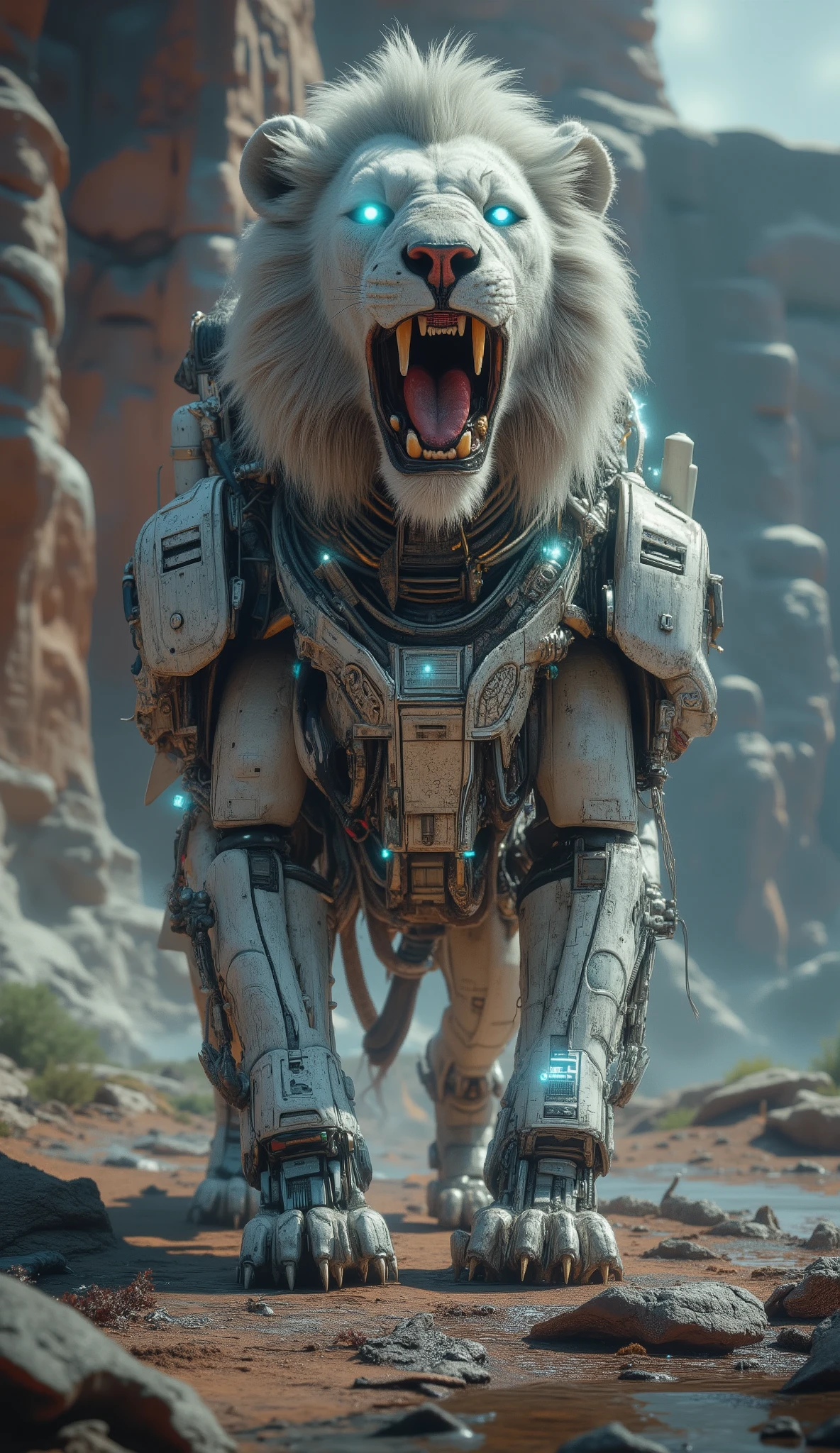 A majestic white lion stands regally amidst an otherworldly landscape, its mouth wide open in a powerful roar. The lion's fierce expression is accentuated by its glowing blue eyes, which emit an ethereal light. The creature's fur is rendered in shades of white and silver, catching the ambient light from the surrounding environment. A strikingly intricate metallic armor covers parts of its body, suggesting a futuristic or cybernetic enhancement, with blue lights pulsing through the circuitry-like patterns.
The background is a surreal blend of jagged, rocky formations under a starry night sky, with hues of deep blues, purples, and flashes of bright blue and pink light, lending a mystical atmosphere to the scene. The composition and lighting create a dramatic and awe-inspiring mood, emphasizing the lion's strength and majesty in this fantastical setting. The overall impression is one of power, otherworldliness, and majestic grandeur. 128k, HDR.