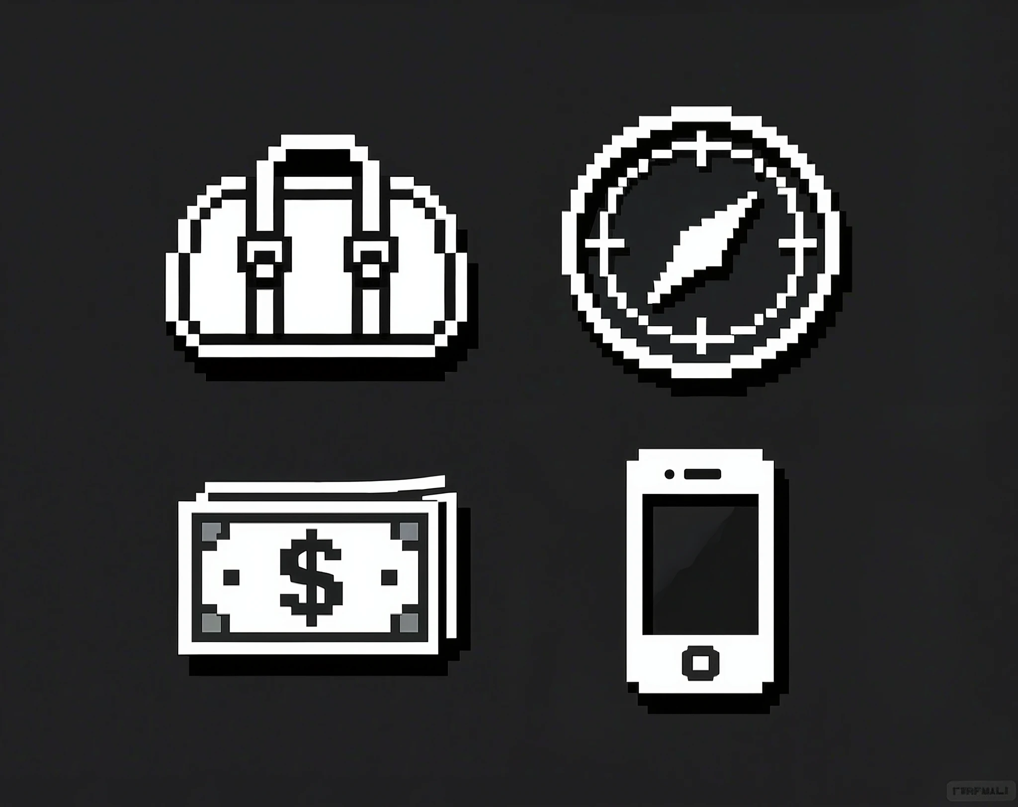 Design four classic GTA San Andreas–style HUD icons on a smooth black background:

1. Bag icon — a simple duffel bag or backpack silhouette for inventory


2. Minimap icon — a small circular radar with a white arrow or pointer


3. Money icon — a cash stack or dollar sign


4. Mobile phone icon — a small classic smartphone silhouette with iphone shape



All icons must match the original GTA San Andreas HUD look — flat 2D white icons with bold dark outlines, slightly pixelated edges, PS2-era aesthetic.

Style:

Clean white silhouettes with black outlines

Subtle glow or light bloom like the original HUD

Retro crime-city vibe, 2000s Rockstar Games interface style

Matte black background, no gradients or textures

Each icon centered, evenly spaced, and clearly visible


Keywords: GTA San Andreas UI, HUD icons, PS2 interface, retro vector design, nostalgic Rockstar Games style, pixel-crisp edges, white icons on black, 4K render.