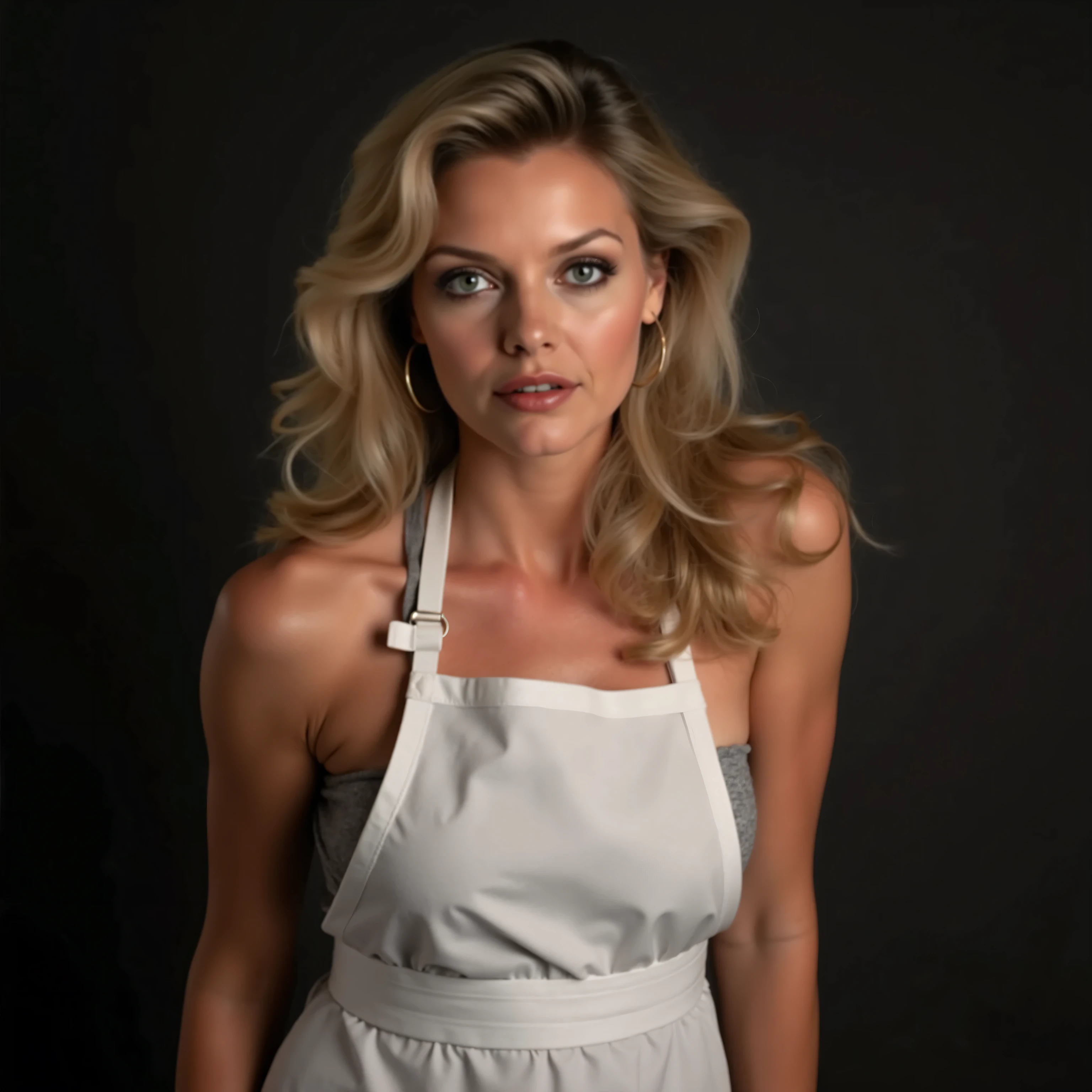 A profession photo of young beautiful Michelle Pfeiffer. She wears a white apron only. Her nudity is covered with the apron. Michelle Pfeiffer, professional lighting, studio photo, dynamic seductive pose, high quality