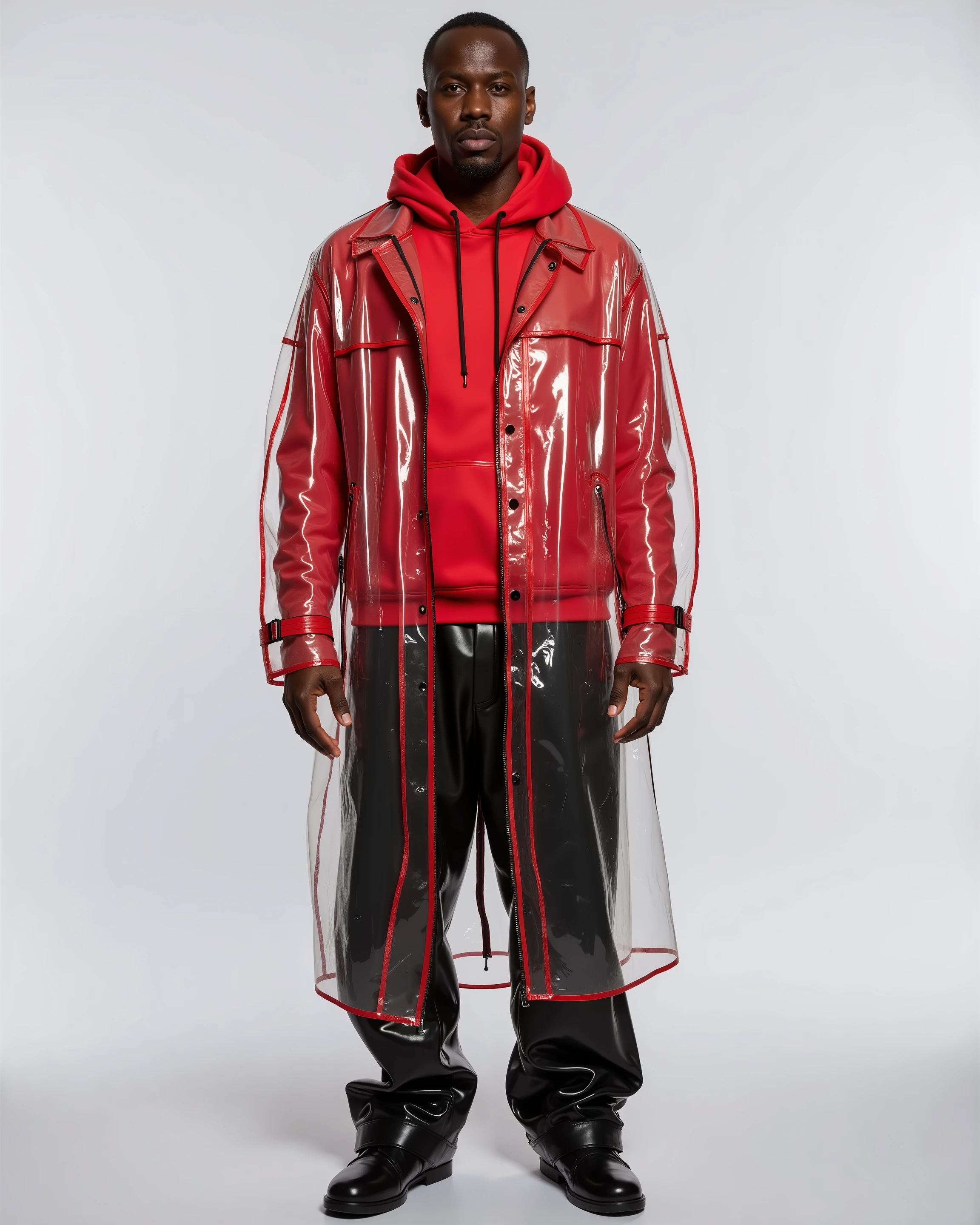 ,a 57 year old black man wearing a red sweatshirt with sweat stains in the armpits shoulders, wet stain, darkened fabric, the man wears black leather pants that are highly polished and have wrinkles, the man wears a pradarctrans2003 translucent raincoat with a red trim long trench coat style translucent plastic