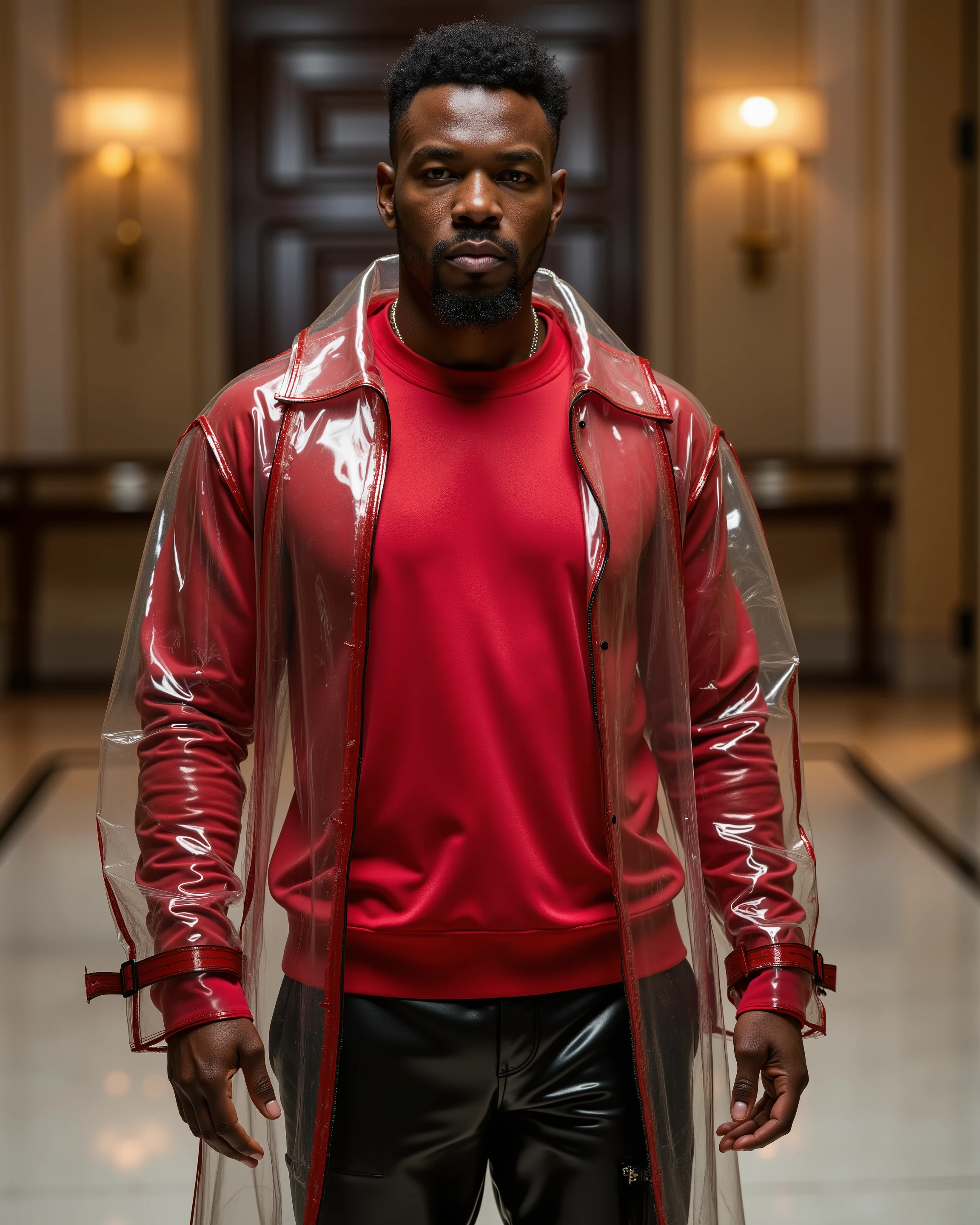 ,a 57 year old black man wearing a red sweatshirt with sweat stains in the armpits shoulders, wet stain, darkened fabric, the man wears black leather pants that are highly polished and have wrinkles, the man wears a pradarctrans2003 translucent raincoat with a red trim long trench coat style translucent plastic, standing in a futurustic hotel lobby