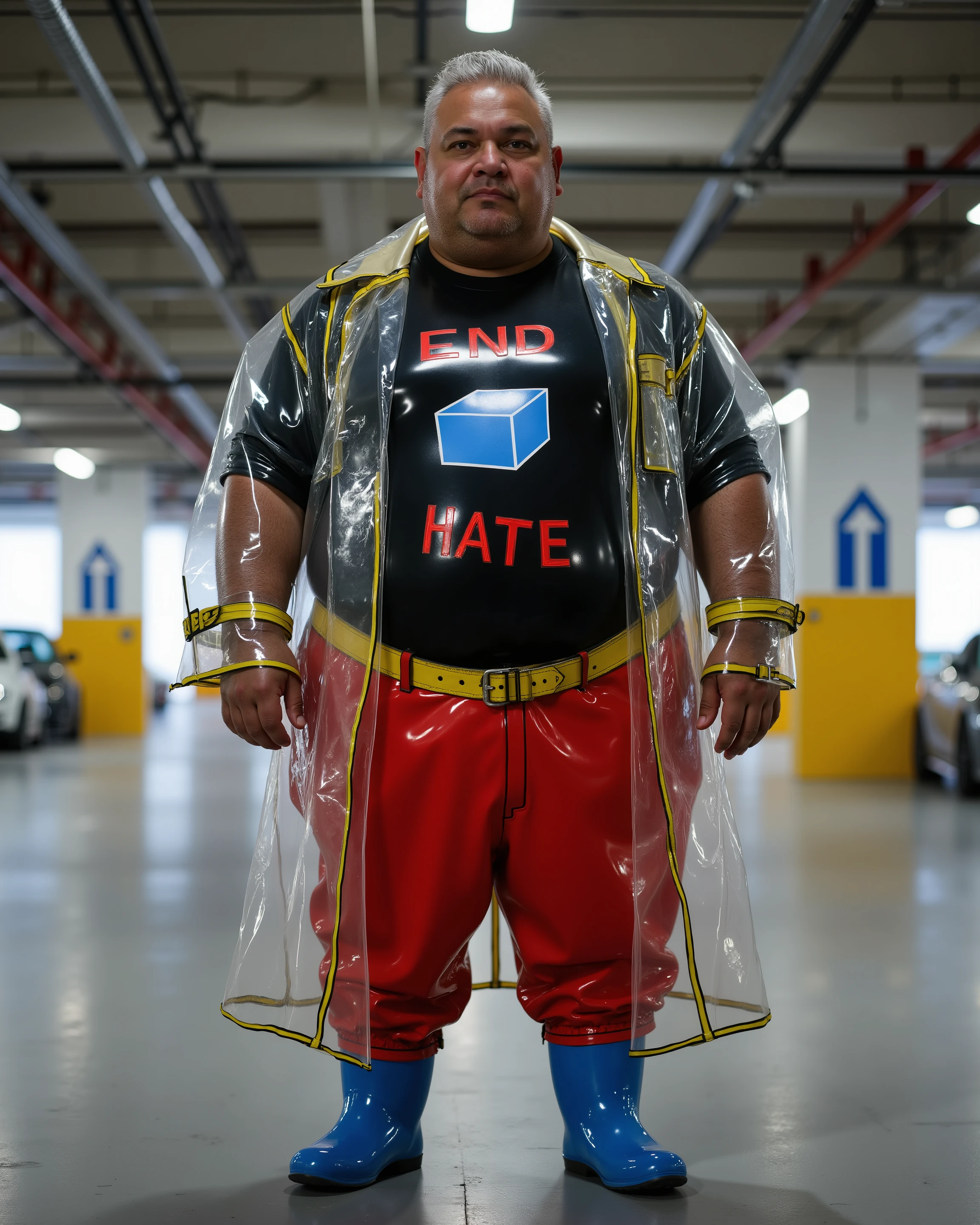 a 58 year old obese 500 pound extremely large belly large shoulders massive thighs black man with wrinkling skin and silvery hair, the man wears a black latex shirt, the man wears a red latex pants, the latex shirt has a blue cube on it that says "END HATE" in red text, the man wears a pradarctrans2003 translucent trenchcoat rain coat that has yellow trim, the man wears a tight wide yellow leather belt, the man wears blue rubber boots, the man stands in a garage of a modern car park