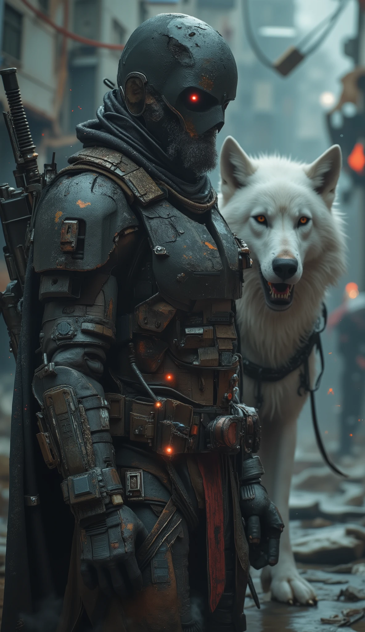 A dark 3D realistic cinematic portrait of a bearded antihero man inspired by Batman and Deadpool, wearing a torn tactical suit with armored details and a long black cape partially damaged by battle. His expression is grim, eyes glowing faintly under a cracked mask. Beside him stands a majestic white wolf with a scar over one eye, its fur shimmering in the moonlight. The scene is set in a rainy, ruined city alley with smoke, sparks, and neon reflections on wet asphalt. Hyper-realistic 128K HDR lighting, ultra-detailed textures, dark atmosphere, volumetric fog, moody composition, masterpiece cinematic realism, photorealistic 3D depth of field, cold blue-gray tones.
💬 “Two shadows bound by scars — one man, one beast, both untamed.”