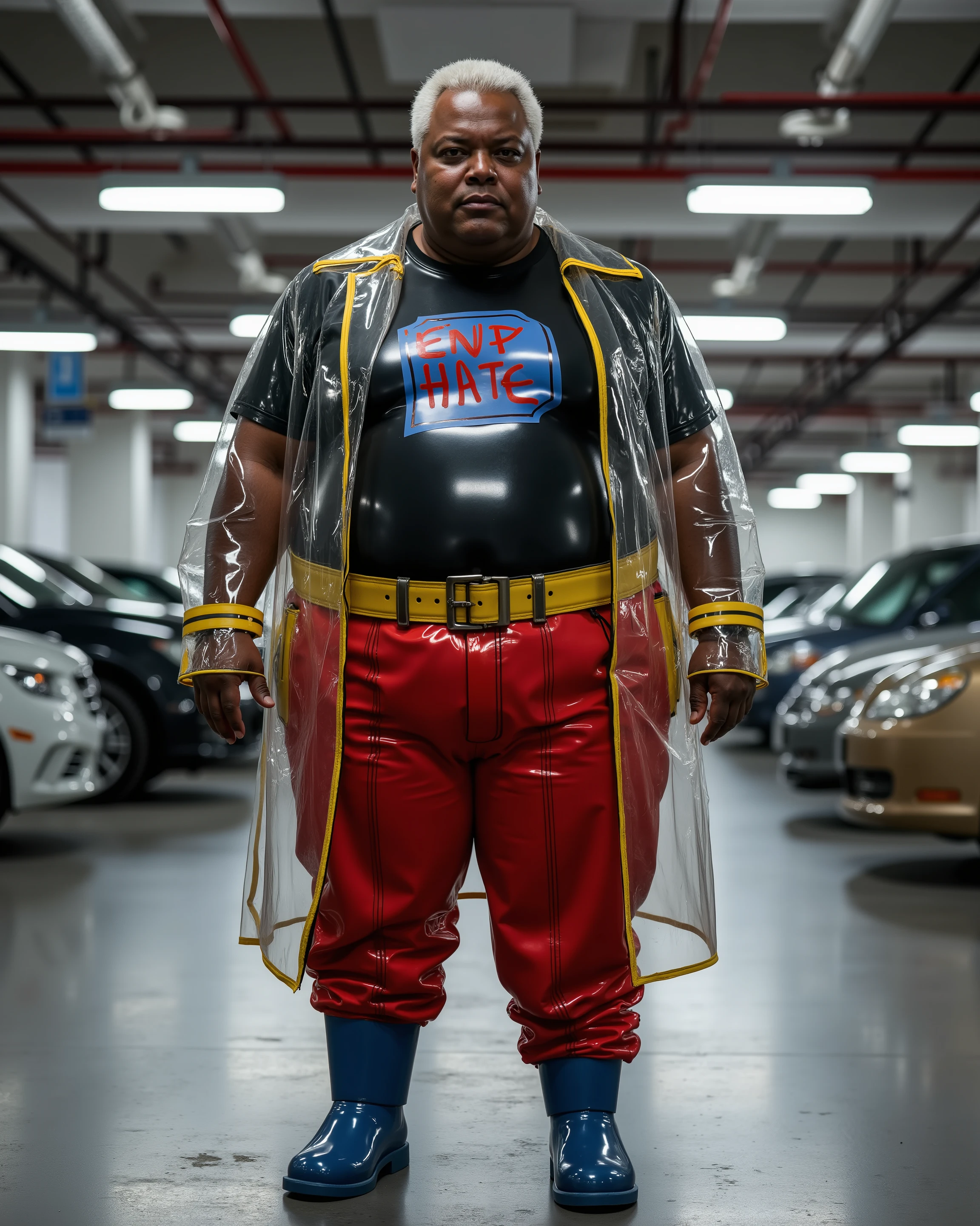 a 58 year old obese 500 pound extremely large belly large shoulders massive thighs black man with wrinkling skin and silvery hair, the man wears a black latex shirt, the man wears a red latex pants, the latex shirt has a blue cube on it that says "END HATE" in red text, the man wears a pradarctrans2003 translucent trenchcoat rain coat that has yellow trim, the man wears a tight wide yellow leather belt, the man wears blue rubber boots, the man stands in a garage of a modern car park