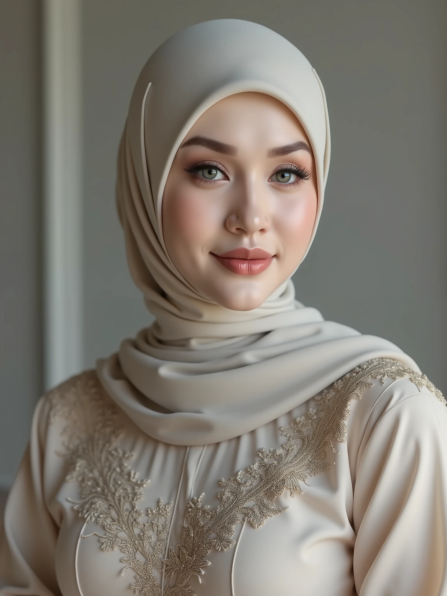 hyper HD, Masterpiece, Textured skin, 8K, Best quality of potrait a Beautiful hijab asian woman white fairy skin wearing kebaya outfit , perfect veil hijab muslimah style, detail scarf , close-up half body , happy vibes, beauty smile open mouth showing teeth , smiling confident , looking at outside, aside dynamic relax pose , large breasts , upper muscle body slightly thick , ultrarealistic , hyper detail , sharp and smooth , best quality , high resolution .