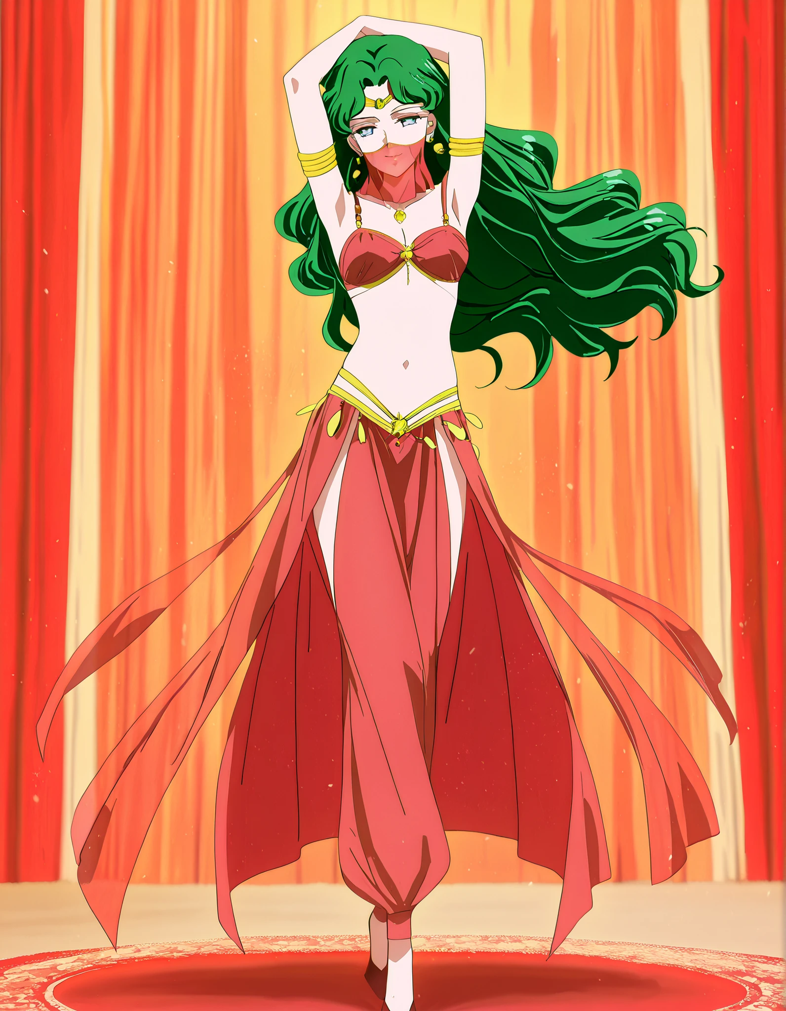 (1girl:1 . 5) , (Seul:1 . 5) , score_9 , score_8_haut , score_7_haut , source_anime , Official work , ultra-detailed , masterpiece , best quality , high resolution , beaux yeux , detailed eyes , Detailed face , beautiful detailed eyes,1girl,long hair, green hair, wavy hair, parted bangs, blue eyes,Bishoujo Senshi Sailor Moon,Michiru Kaiou,Arabian Clothes , Arabian Dancer Outfit ,belly dancer costume,belly dancer outfit ,full body,golden jewelery,mouth veil,armlet, belly dancing,arabian theater,seductive smile, dancing with veil, dynamic movement,dance posture, seductive pose