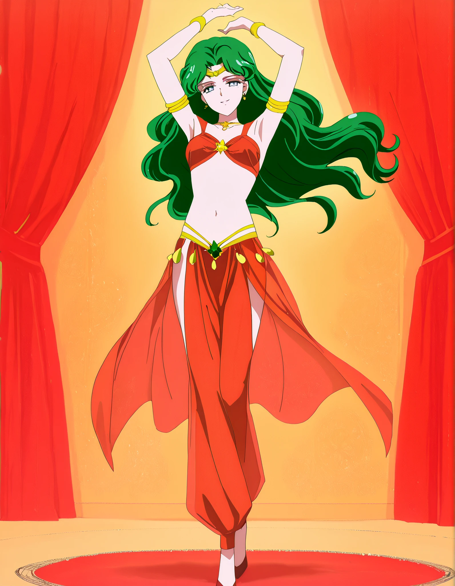 (1girl:1 . 5) , (Seul:1 . 5) , score_9 , score_8_haut , score_7_haut , source_anime , Official work , ultra-detailed , masterpiece , best quality , high resolution , beaux yeux , detailed eyes , Detailed face , beautiful detailed eyes,1girl,long hair, green hair, wavy hair, parted bangs, blue eyes,Bishoujo Senshi Sailor Moon,Michiru Kaiou,Arabian Clothes , Arabian Dancer Outfit ,belly dancer costume,belly dancer outfit ,full body,golden jewelery,armlet, belly dancing,arabian theater,seductive smile, dancing with veil, dynamic movement,dance posture, seductive pose