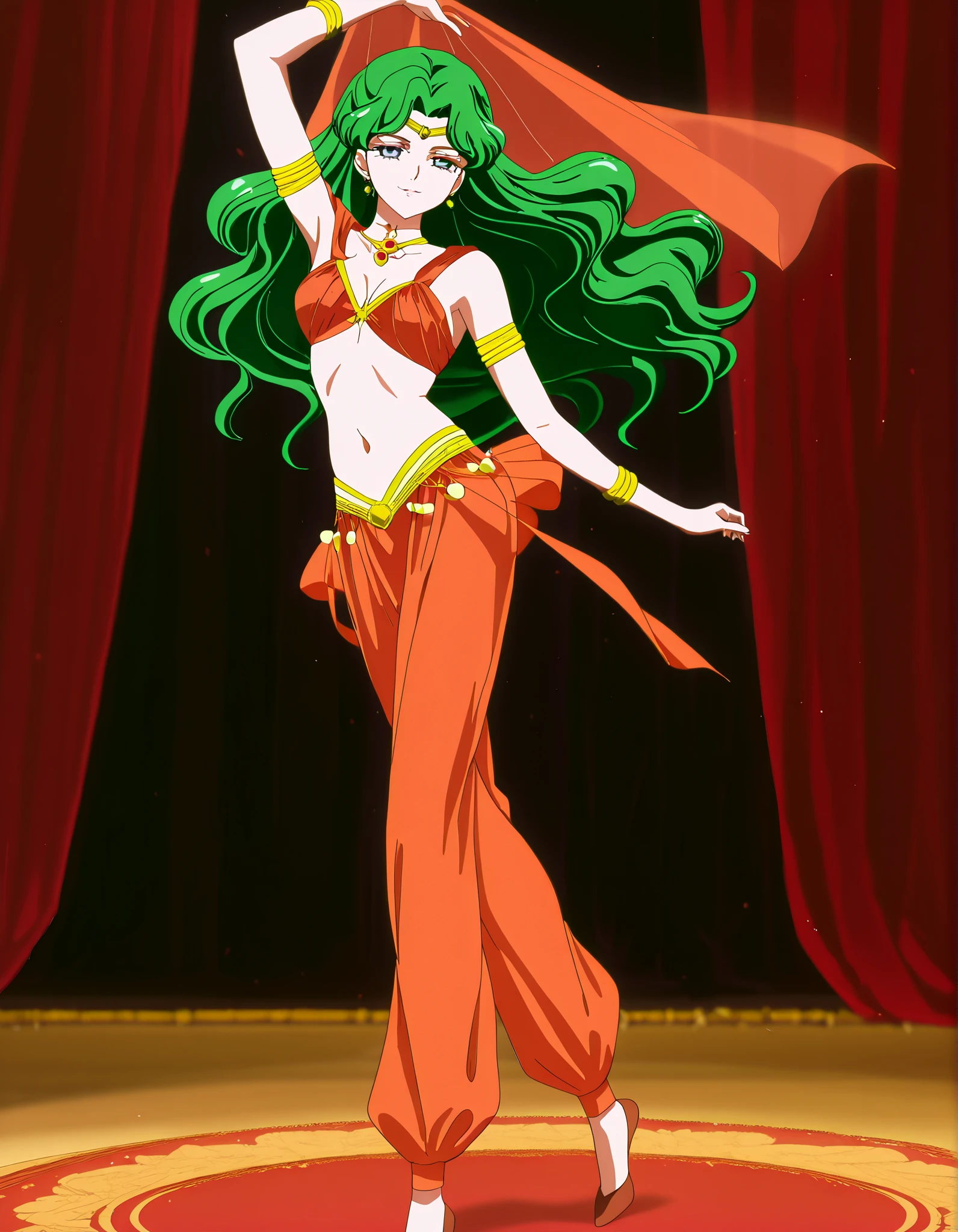 (1girl:1 . 5) , (Seul:1 . 5) , score_9 , score_8_haut , score_7_haut , source_anime , Official work , ultra-detailed , masterpiece , best quality , high resolution , beaux yeux , detailed eyes , Detailed face , beautiful detailed eyes,1girl,long hair, green hair, wavy hair, parted bangs, blue eyes,Bishoujo Senshi Sailor Moon,Michiru Kaiou,Arabian Clothes , Arabian Dancer Outfit ,belly dancer costume,belly dancer outfit ,full body,golden jewelery,armlet, belly dancing,arabian theater,seductive smile, dancing with veil, dynamic movement,dance posture, seductive pose