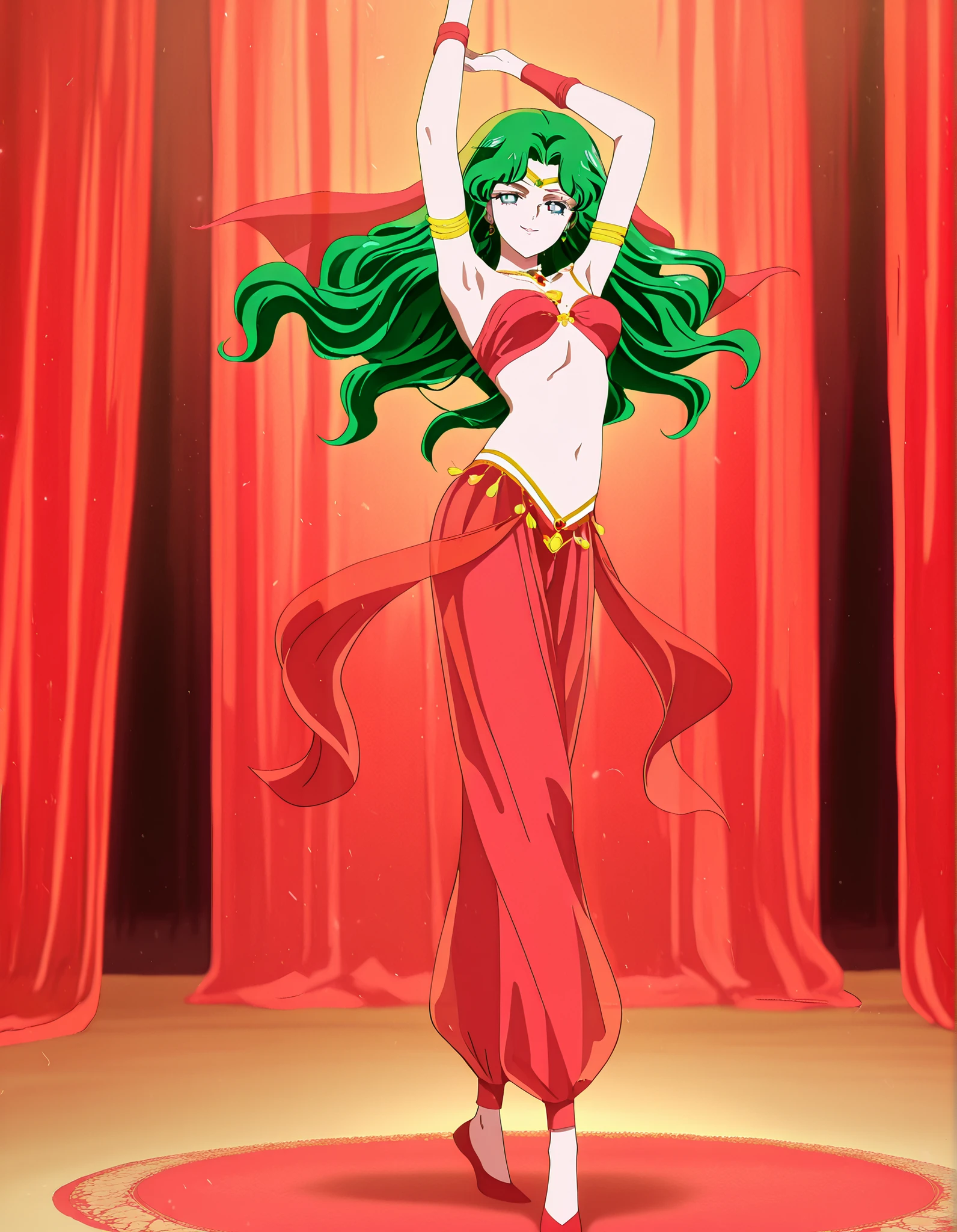 (1girl:1 . 5) , (Seul:1 . 5) , score_9 , score_8_haut , score_7_haut , source_anime , Official work , ultra-detailed , masterpiece , best quality , high resolution , beaux yeux , detailed eyes , Detailed face , beautiful detailed eyes,1girl,long hair, green hair, wavy hair, parted bangs, blue eyes,Bishoujo Senshi Sailor Moon,Michiru Kaiou,Arabian Clothes , Arabian Dancer Outfit ,belly dancer costume,belly dancer outfit ,full body,golden jewelery,armlet, belly dancing,arabian theater,seductive smile, dancing with veil, dynamic movement,dance posture, seductive pose