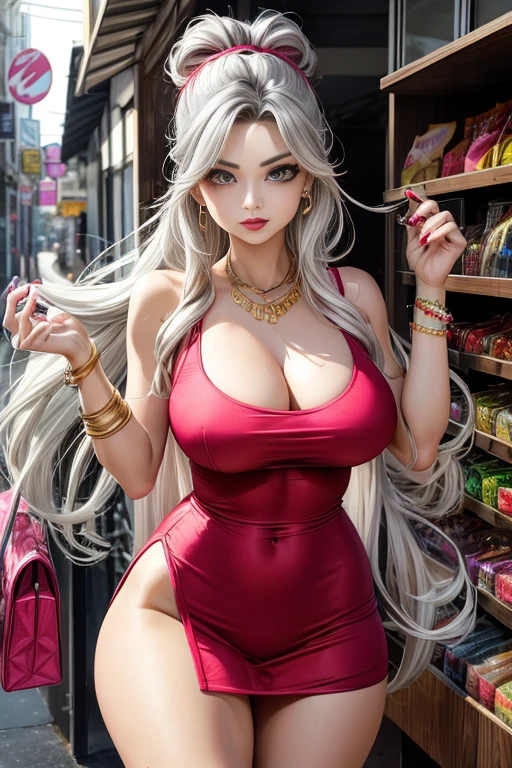 realistic, 1 women, best quality, 12k, HD, long hair, big round , cleavage, ponytail, necklace, jewelry, shorts, short jacket, slim , hair tie, yellow eyes, black hair, super detailed, Eye details, hair details, person details, mouth details, face details,  details, clothes details, hair details, pants details, hand details, whole body