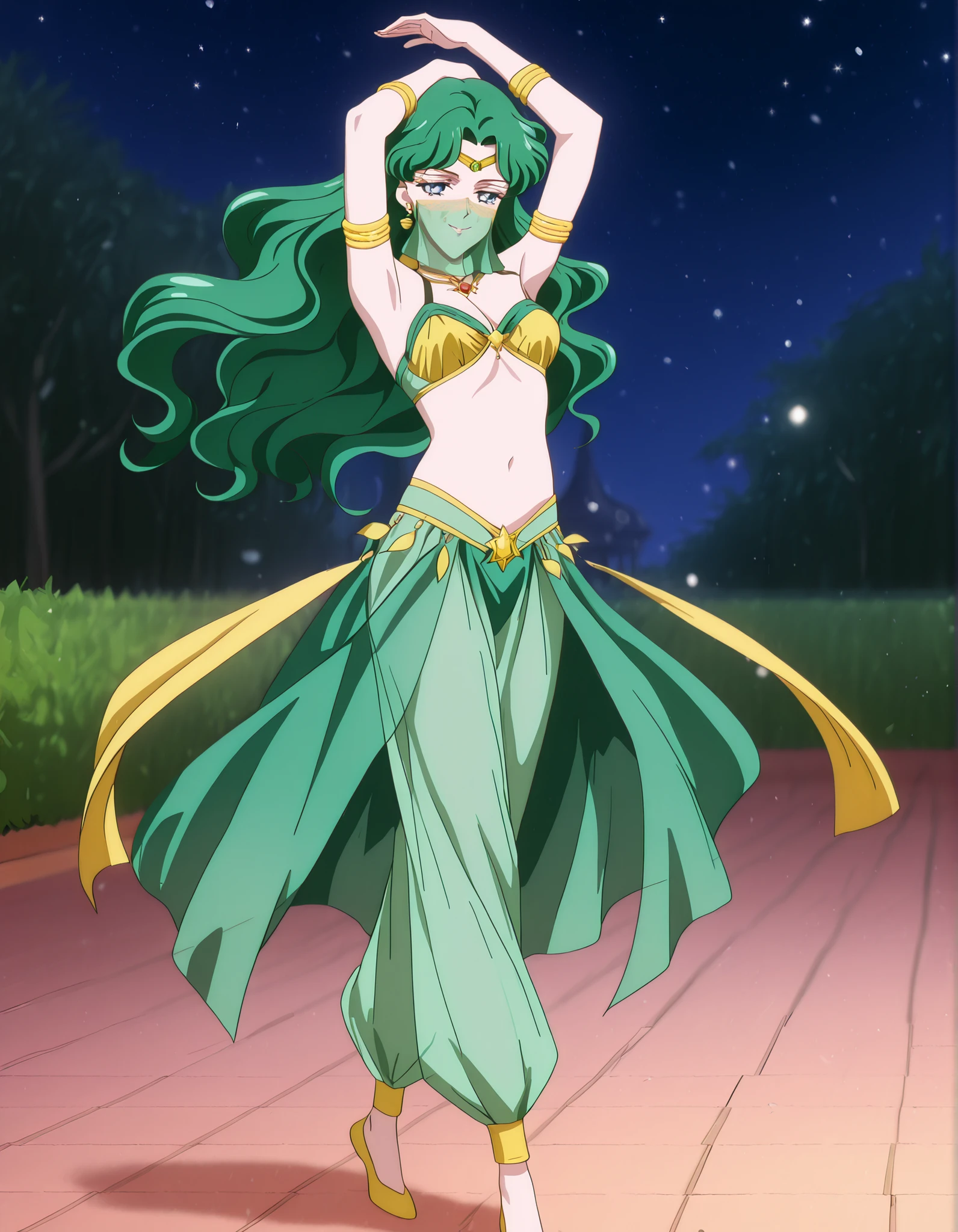 (1girl:1 . 5) , (Seul:1 . 5) , score_9 , score_8_haut , score_7_haut , source_anime , Official work , ultra-detailed , masterpiece , best quality , high resolution , beaux yeux , detailed eyes , Detailed face , beautiful detailed eyes,1girl,long hair, green hair, wavy hair, parted bangs, blue eyes,Bishoujo Senshi Sailor Moon,Michiru Kaiou,Arabian Clothes , Arabian Dancer Outfit ,belly dancer costume,belly dancer outfit ,full body,golden jewelery,mouth veil,armlet, belly dancing,night,arabian garden,seductive smile, dancing with veil, dynamic movement,dance posture, seductive pose