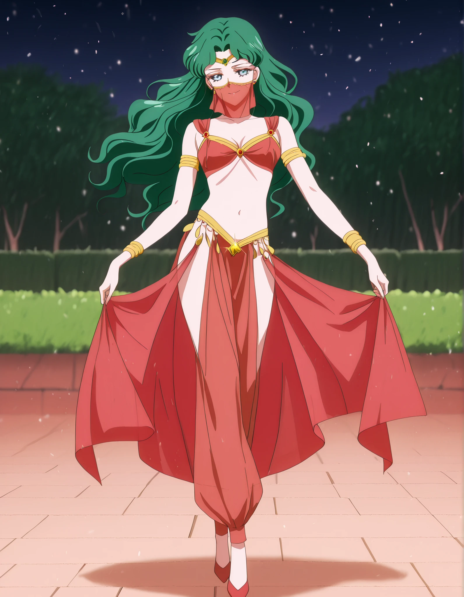 (1girl:1 . 5) , (Seul:1 . 5) , score_9 , score_8_haut , score_7_haut , source_anime , Official work , ultra-detailed , masterpiece , best quality , high resolution , beaux yeux , detailed eyes , Detailed face , beautiful detailed eyes,1girl,long hair, green hair, wavy hair, parted bangs, blue eyes,Bishoujo Senshi Sailor Moon,Michiru Kaiou,Arabian Clothes , Arabian Dancer Outfit ,belly dancer costume,belly dancer outfit ,full body,golden jewelery,mouth veil,armlet, belly dancing,night,arabian garden,seductive smile, dancing with veil, dynamic movement,dance posture, seductive pose