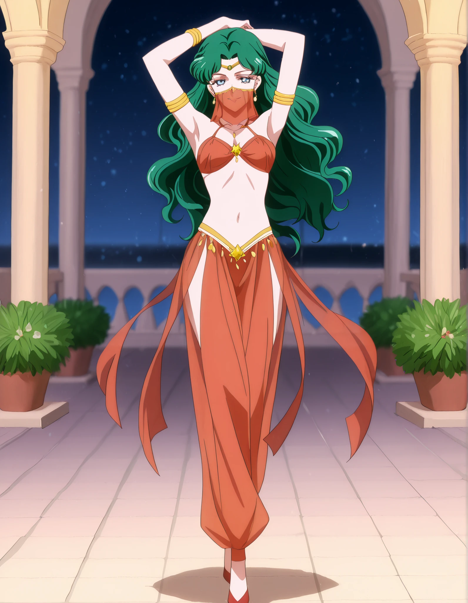 (1girl:1 . 5) , (Seul:1 . 5) , score_9 , score_8_haut , score_7_haut , source_anime , Official work , ultra-detailed , masterpiece , best quality , high resolution , beaux yeux , detailed eyes , Detailed face , beautiful detailed eyes,1girl,long hair, green hair, wavy hair, parted bangs, blue eyes,Bishoujo Senshi Sailor Moon,Michiru Kaiou,Arabian Clothes , Arabian Dancer Outfit ,belly dancer costume,belly dancer outfit ,full body,golden jewelery,mouth veil,armlet, belly dancing,night,arabian garden,seductive smile, dancing with veil, dynamic movement,dance posture, seductive pose