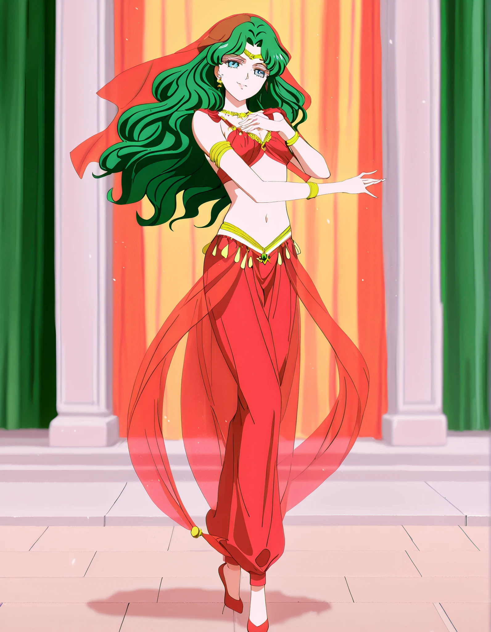 (1girl:1 . 5) , (Seul:1 . 5) , score_9 , score_8_haut , score_7_haut , source_anime , Official work , ultra-detailed , masterpiece , best quality , high resolution , beaux yeux , detailed eyes , Detailed face , beautiful detailed eyes,1girl,long hair, green hair, wavy hair, parted bangs, blue eyes,Bishoujo Senshi Sailor Moon,Michiru Kaiou,Arabian Clothes , Arabian Dancer Outfit ,belly dancer costume,belly dancer outfit ,full body,golden jewelery,armlet, belly dancing,arabian garden,seductive smile, dancing with veil, dynamic movement,dance posture, seductive pose