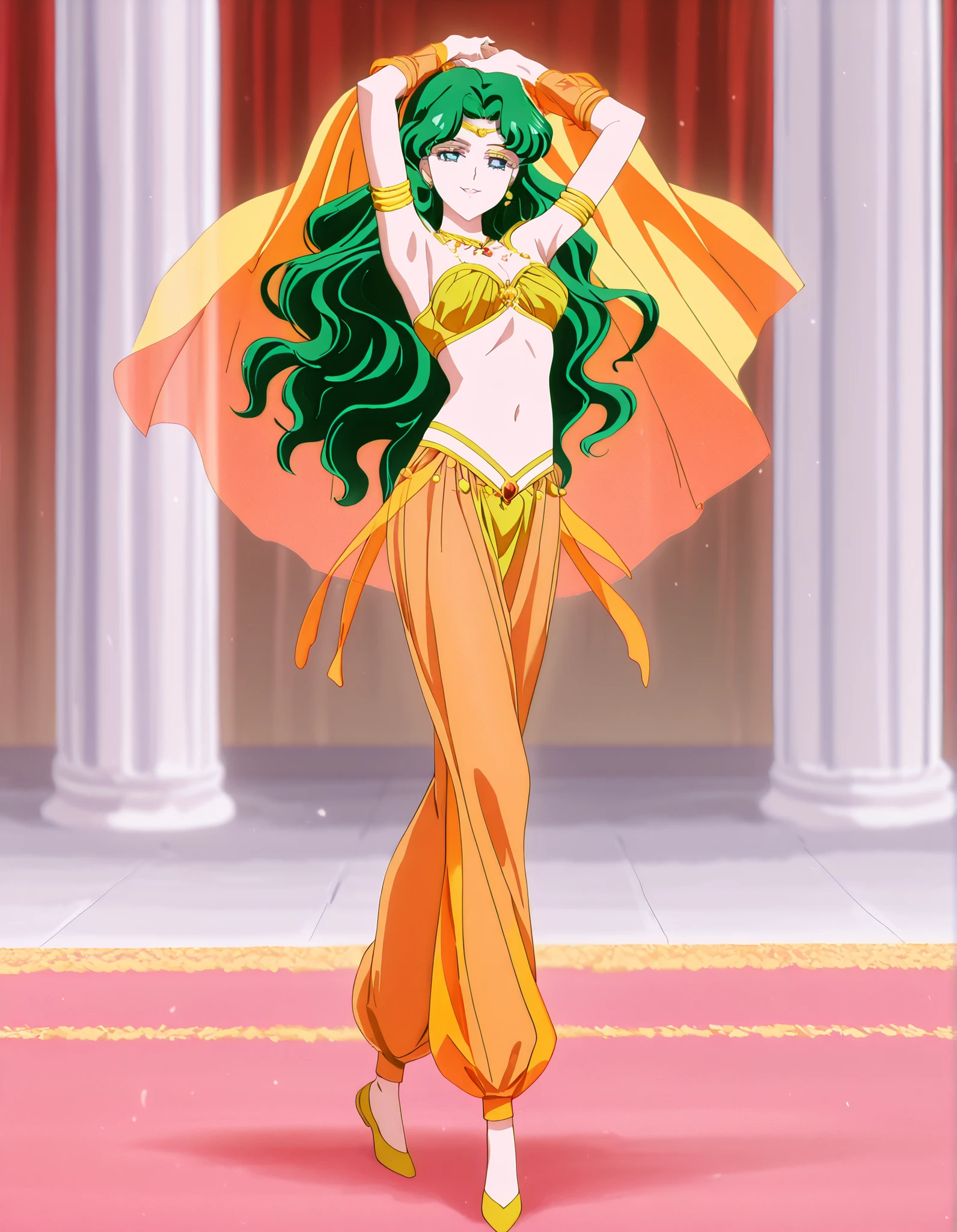 (1girl:1 . 5) , (Seul:1 . 5) , score_9 , score_8_haut , score_7_haut , source_anime , Official work , ultra-detailed , masterpiece , best quality , high resolution , beaux yeux , detailed eyes , Detailed face , beautiful detailed eyes,1girl,long hair, green hair, wavy hair, parted bangs, blue eyes,Bishoujo Senshi Sailor Moon,Michiru Kaiou,Arabian Clothes , Arabian Dancer Outfit ,belly dancer costume,belly dancer outfit ,full body,golden jewelery,armlet, belly dancing,arabian garden,seductive smile, dancing with veil, dynamic movement,dance posture, seductive pose