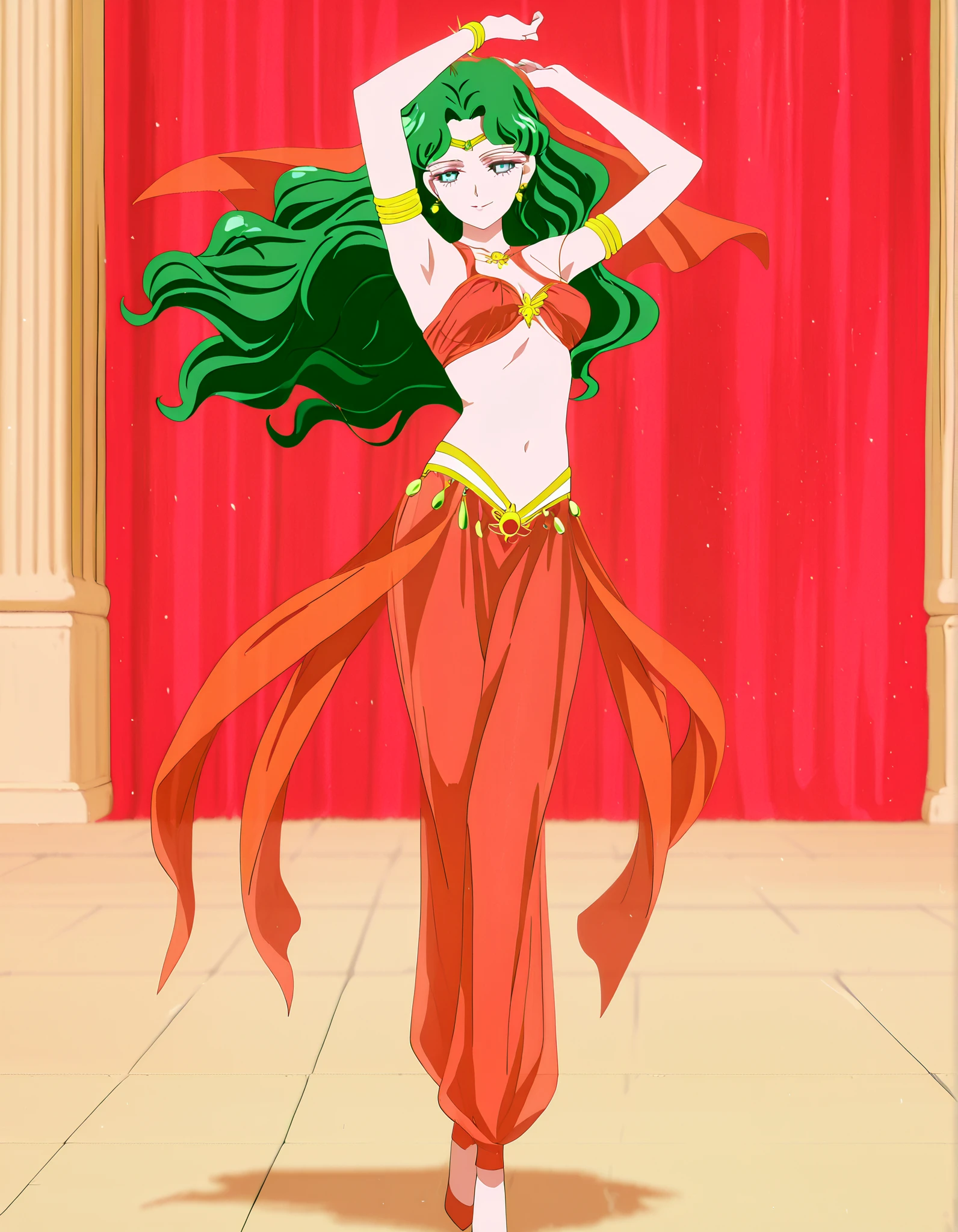 (1girl:1 . 5) , (Seul:1 . 5) , score_9 , score_8_haut , score_7_haut , source_anime , Official work , ultra-detailed , masterpiece , best quality , high resolution , beaux yeux , detailed eyes , Detailed face , beautiful detailed eyes,1girl,long hair, green hair, wavy hair, parted bangs, blue eyes,Bishoujo Senshi Sailor Moon,Michiru Kaiou,Arabian Clothes , Arabian Dancer Outfit ,belly dancer costume,belly dancer outfit ,full body,golden jewelery,armlet, belly dancing,arabian garden,seductive smile, dancing with veil, dynamic movement,dance posture, seductive pose