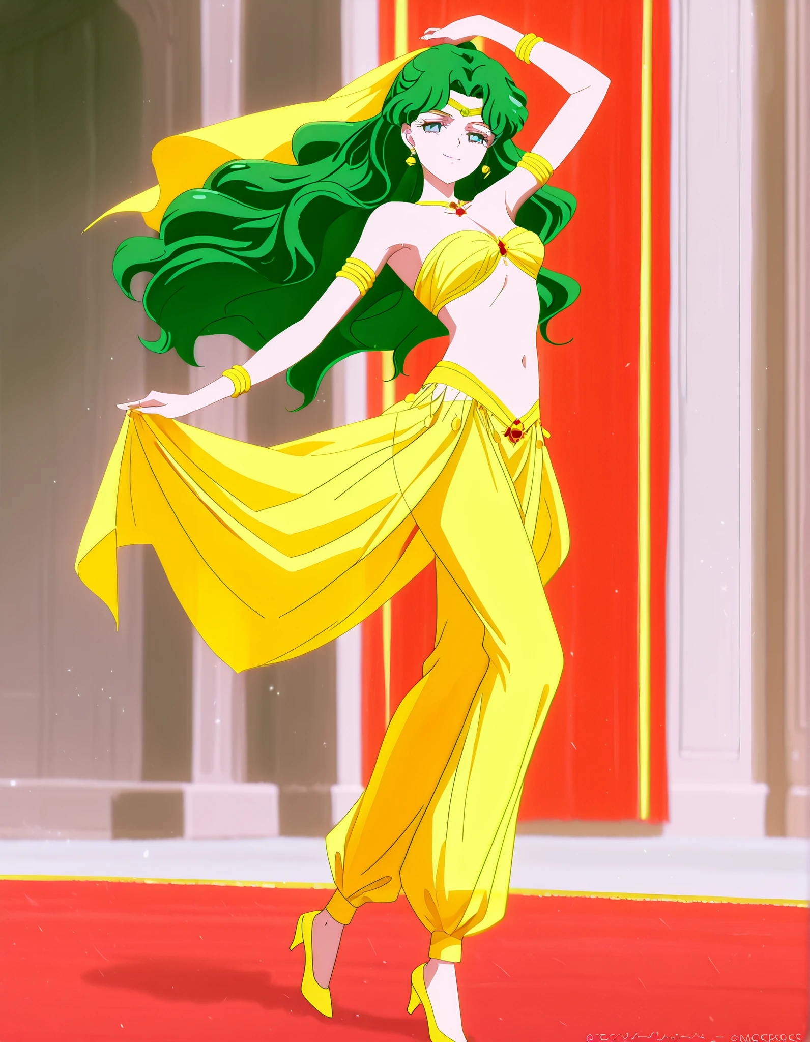 (1girl:1 . 5) , (Seul:1 . 5) , score_9 , score_8_haut , score_7_haut , source_anime , Official work , ultra-detailed , masterpiece , best quality , high resolution , beaux yeux , detailed eyes , Detailed face , beautiful detailed eyes,1girl,long hair, green hair, wavy hair, parted bangs, blue eyes,Bishoujo Senshi Sailor Moon,Michiru Kaiou,Arabian Clothes , Arabian Dancer Outfit ,belly dancer costume,belly dancer outfit ,full body,golden jewelery,armlet, belly dancing,arabian garden,seductive smile, dancing with veil, dynamic movement,dance posture, seductive pose