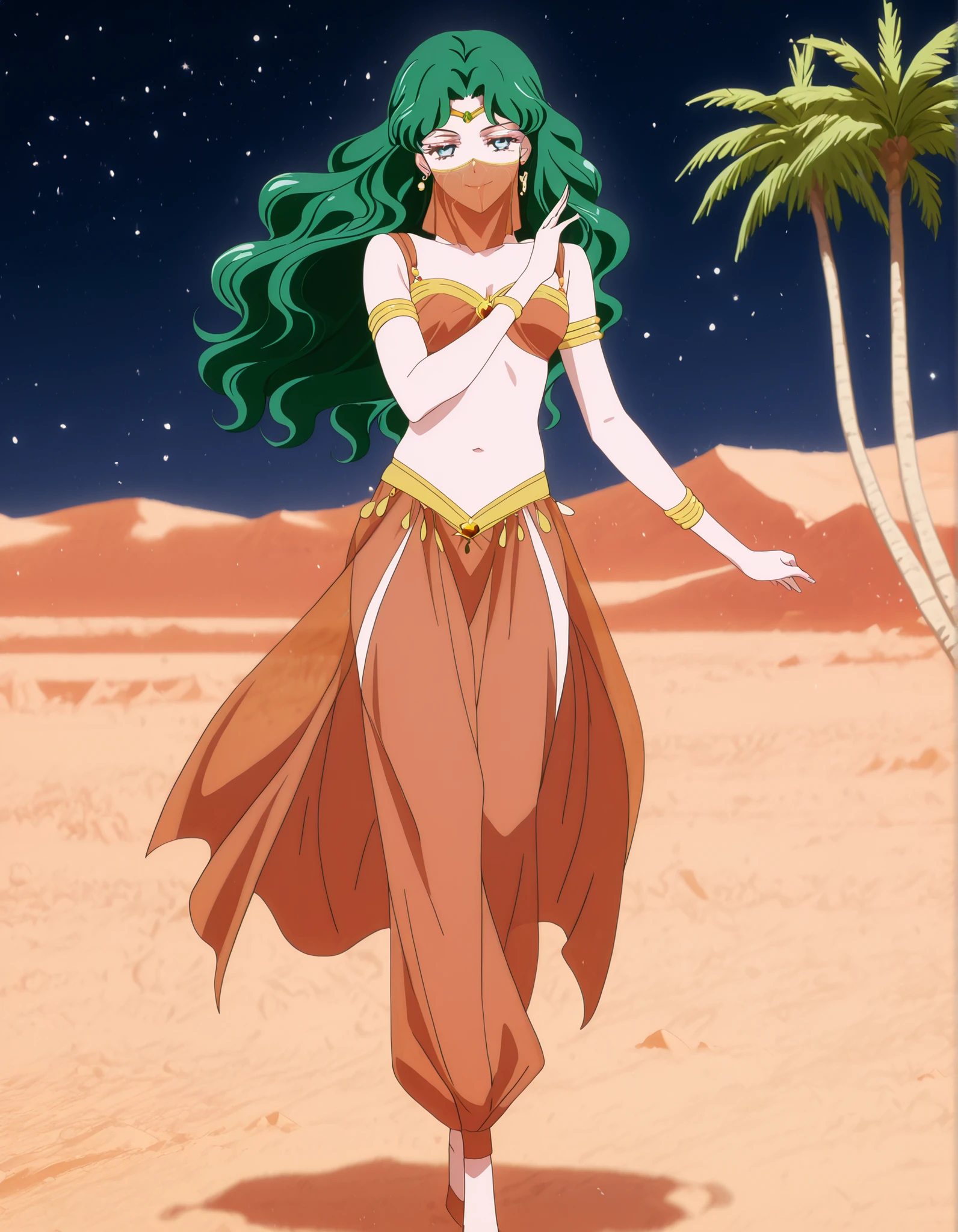 (1girl:1 . 5) , (Seul:1 . 5) , score_9 , score_8_haut , score_7_haut , source_anime , Official work , ultra-detailed , masterpiece , best quality , high resolution , beaux yeux , detailed eyes , Detailed face , beautiful detailed eyes,1girl,long hair, green hair, wavy hair, parted bangs, blue eyes,Bishoujo Senshi Sailor Moon,Michiru Kaiou,Arabian Clothes , Arabian Dancer Outfit ,belly dancer costume,belly dancer outfit ,full body,golden jewelery,mouth veil,armlet, belly dancing,night,desert lands,palm tree,seductive smile, dancing with veil, dynamic movement,dance posture, seductive pose