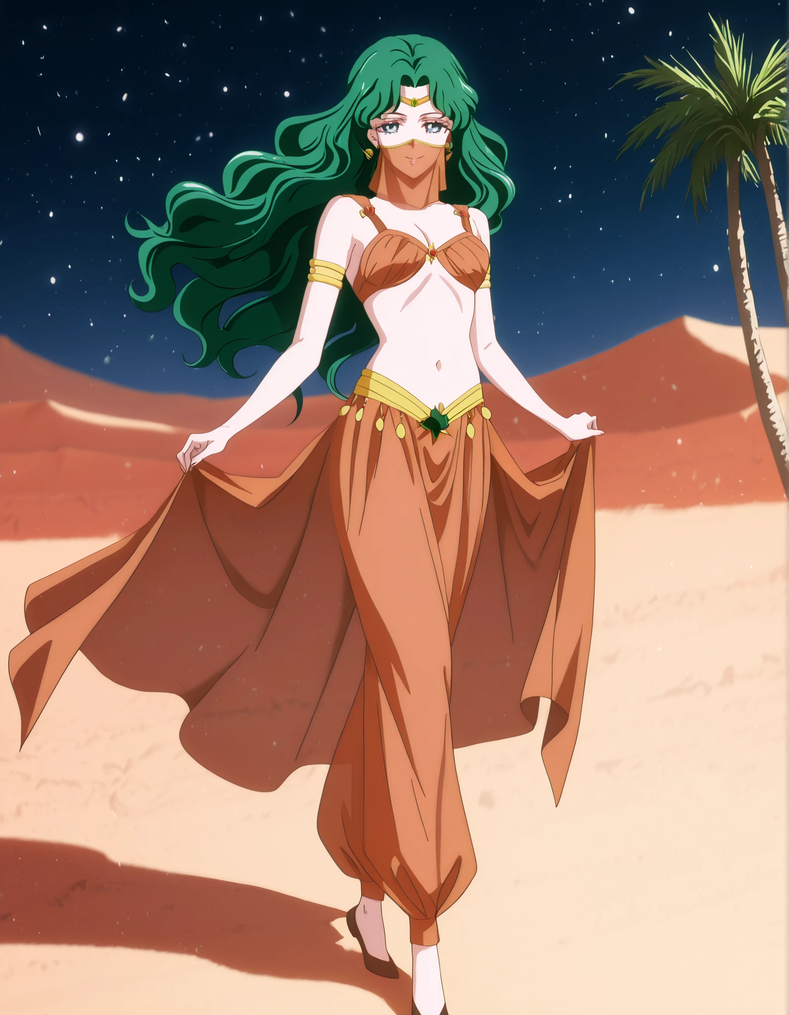 (1girl:1 . 5) , (Seul:1 . 5) , score_9 , score_8_haut , score_7_haut , source_anime , Official work , ultra-detailed , masterpiece , best quality , high resolution , beaux yeux , detailed eyes , Detailed face , beautiful detailed eyes,1girl,long hair, green hair, wavy hair, parted bangs, blue eyes,Bishoujo Senshi Sailor Moon,Michiru Kaiou,Arabian Clothes , Arabian Dancer Outfit ,belly dancer costume,belly dancer outfit ,full body,golden jewelery,mouth veil,armlet, belly dancing,night,desert lands,palm tree,seductive smile, dancing with veil, dynamic movement,dance posture, seductive pose