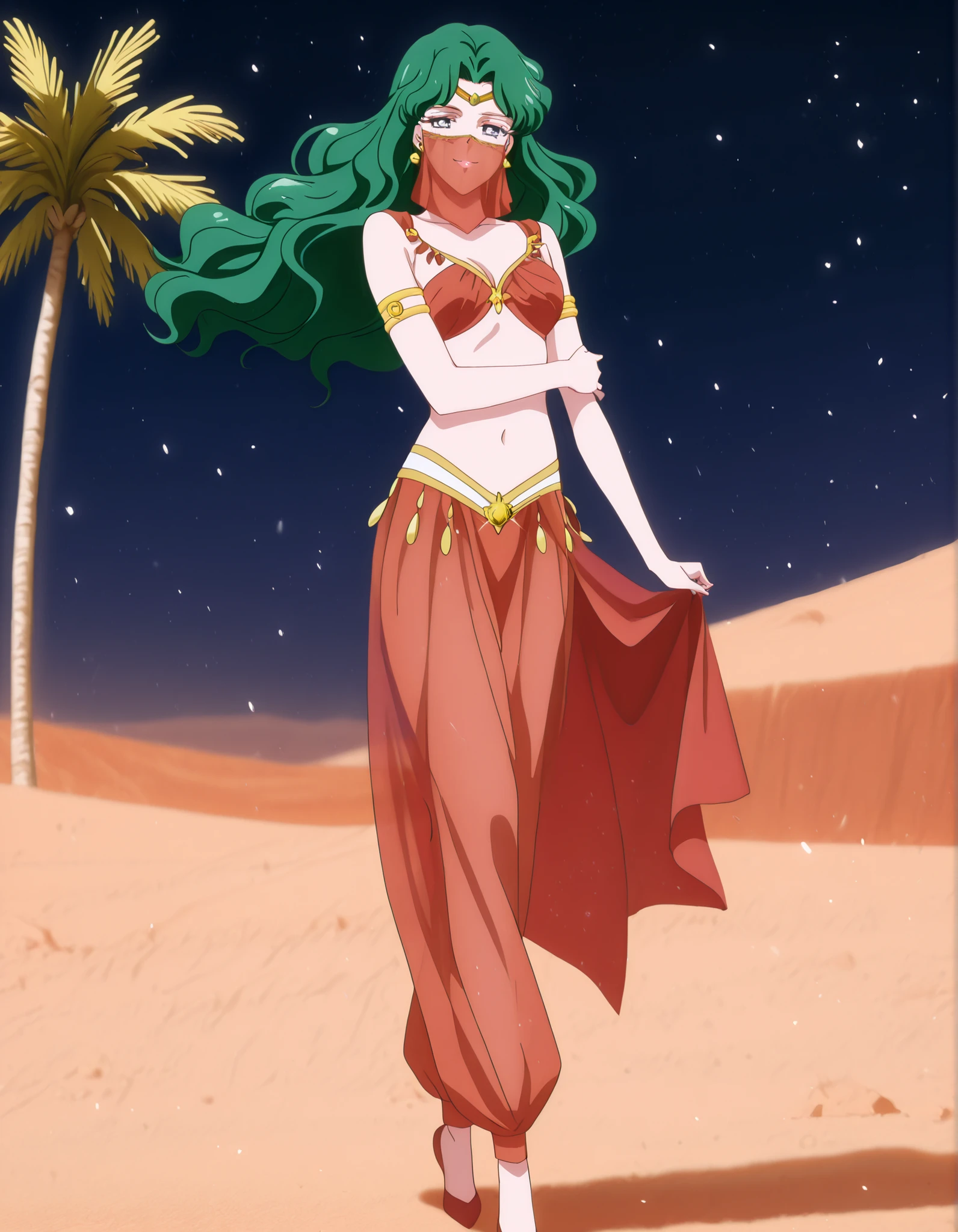 (1girl:1 . 5) , (Seul:1 . 5) , score_9 , score_8_haut , score_7_haut , source_anime , Official work , ultra-detailed , masterpiece , best quality , high resolution , beaux yeux , detailed eyes , Detailed face , beautiful detailed eyes,1girl,long hair, green hair, wavy hair, parted bangs, blue eyes,Bishoujo Senshi Sailor Moon,Michiru Kaiou,Arabian Clothes , Arabian Dancer Outfit ,belly dancer costume,belly dancer outfit ,full body,golden jewelery,mouth veil,armlet, belly dancing,night,desert lands,palm tree,seductive smile, dancing with veil, dynamic movement,dance posture, seductive pose