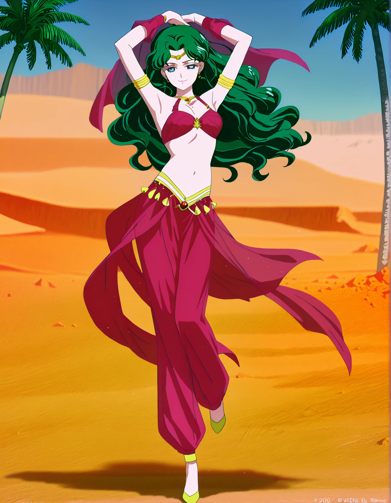 (1girl:1 . 5) , (Seul:1 . 5) , score_9 , score_8_haut , score_7_haut , source_anime , Official work , ultra-detailed , masterpiece , best quality , high resolution , beaux yeux , detailed eyes , Detailed face , beautiful detailed eyes,1girl,long hair, green hair, wavy hair, parted bangs, blue eyes,Bishoujo Senshi Sailor Moon,Michiru Kaiou,Arabian Clothes , Arabian Dancer Outfit ,belly dancer costume,belly dancer outfit ,full body,golden jewelery,armlet, belly dancing,desert lands,palm tree,seductive smile, dancing with veil, dynamic movement,dance posture, seductive pose