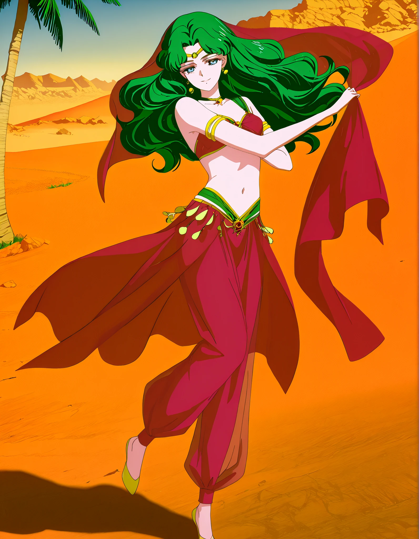 (1girl:1 . 5) , (Seul:1 . 5) , score_9 , score_8_haut , score_7_haut , source_anime , Official work , ultra-detailed , masterpiece , best quality , high resolution , beaux yeux , detailed eyes , Detailed face , beautiful detailed eyes,1girl,long hair, green hair, wavy hair, parted bangs, blue eyes,Bishoujo Senshi Sailor Moon,Michiru Kaiou,Arabian Clothes , Arabian Dancer Outfit ,belly dancer costume,belly dancer outfit ,full body,golden jewelery,armlet, belly dancing,desert lands,palm tree,seductive smile, dancing with veil, dynamic movement,dance posture, seductive pose