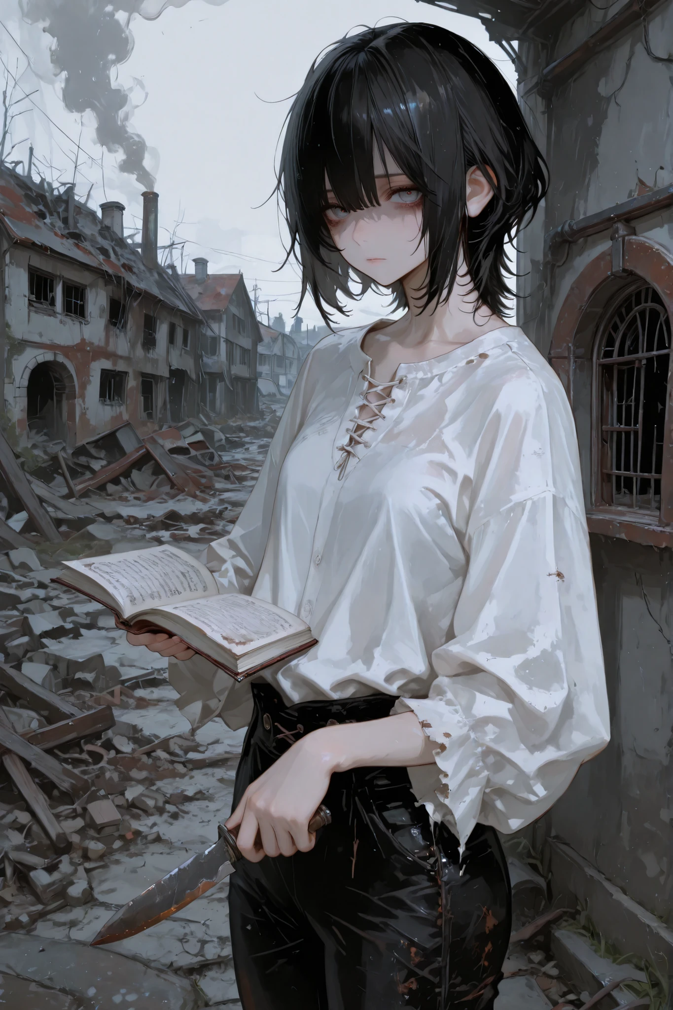 holding knife, 748cmstyle, 1girl solo, ultrahd, best quality, highres, beautiful eyes, best eyes, good eyes, 8k, 4k, ultrahd, black hair, short hair, black pants, gray eyes, disheveled hair, wolf cut, messy hair, white shirt, disheveled clothes, abandoned town, medieval town, ruins, holding notebook, solemn, gray, gloom, eyebags, standing, flat chest, looking at viewer, medieval, middle ages, closed notebook, rust, smoke in distance