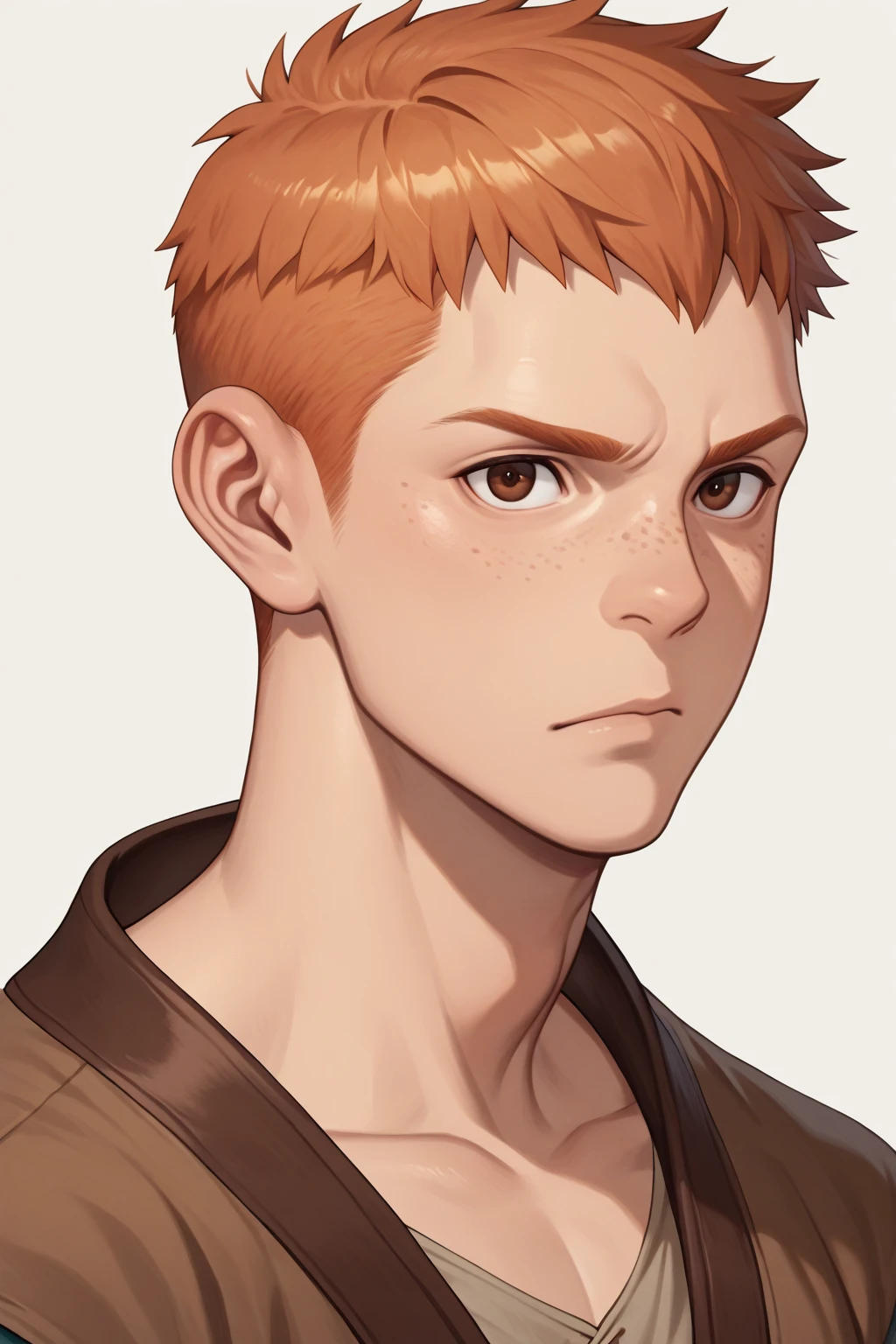 Male teenager with auburn hair, dark brown eyes, white skin and serious