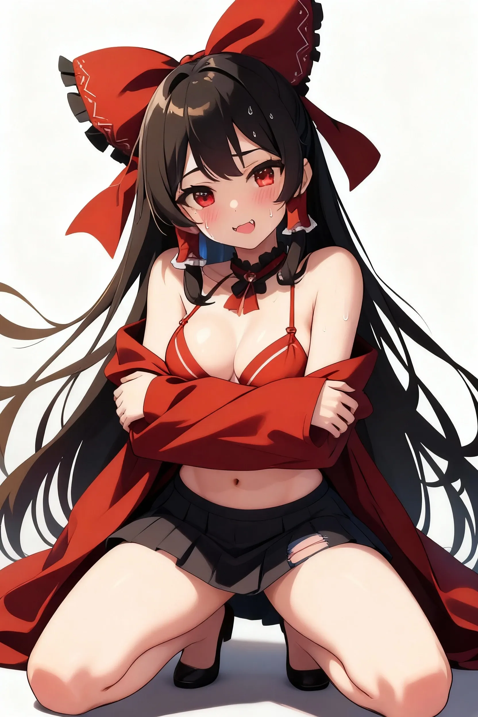 best quality, masterpiece, highres, solo, {mayuzumi_fuyuko_theidolmstershinycolors:1.15}, black_hair, bangs, long_hair, blush, brown_eyes, blunt_bangs, breasts, two_side_up, smile, ribbon, medium_breasts, 1girl, bikini, bow, choker, frills, hair_bow, heart, heart_print, off_shoulder, red_bikini, swimsuit, cleavage, collarbone, looking_at_viewer, simple_background, white_background, bare_shoulders, frilled_bikini, navel, off-shoulder_bikini, red_bow, print_bikini, black_choker, hair_ribbon, short_sleeves