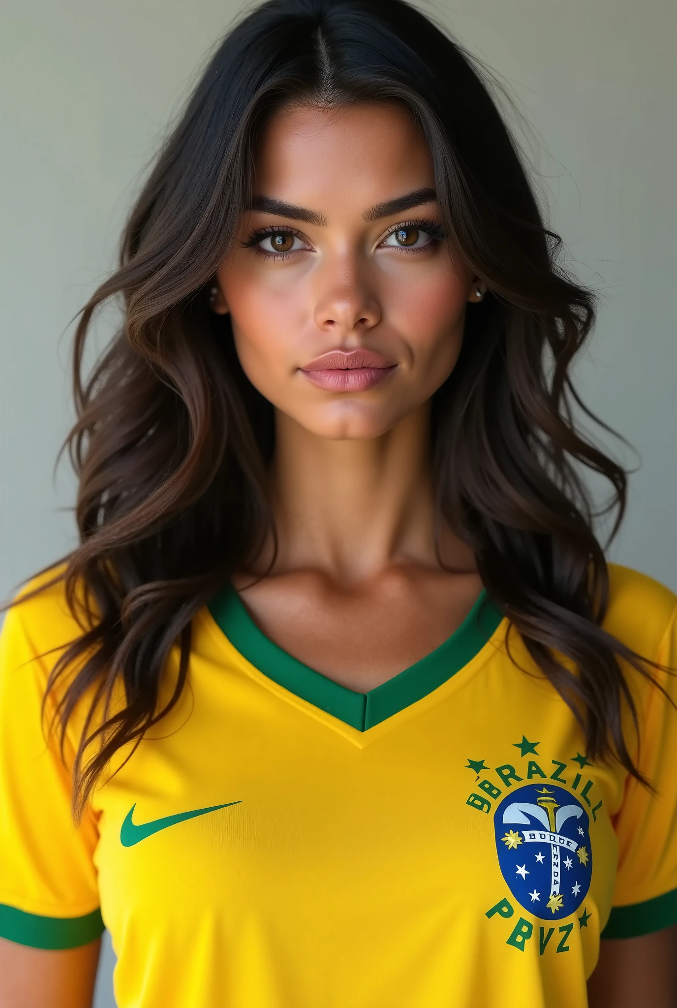 A detailed, high-quality portrait of a Brazilian woman wearing a soccer uniform, with long hair and a warm smile, captured in an 8K RAW photo, showcasing realistic textures and a third-party perspective, masterful artwork with vivid colors and fine details.