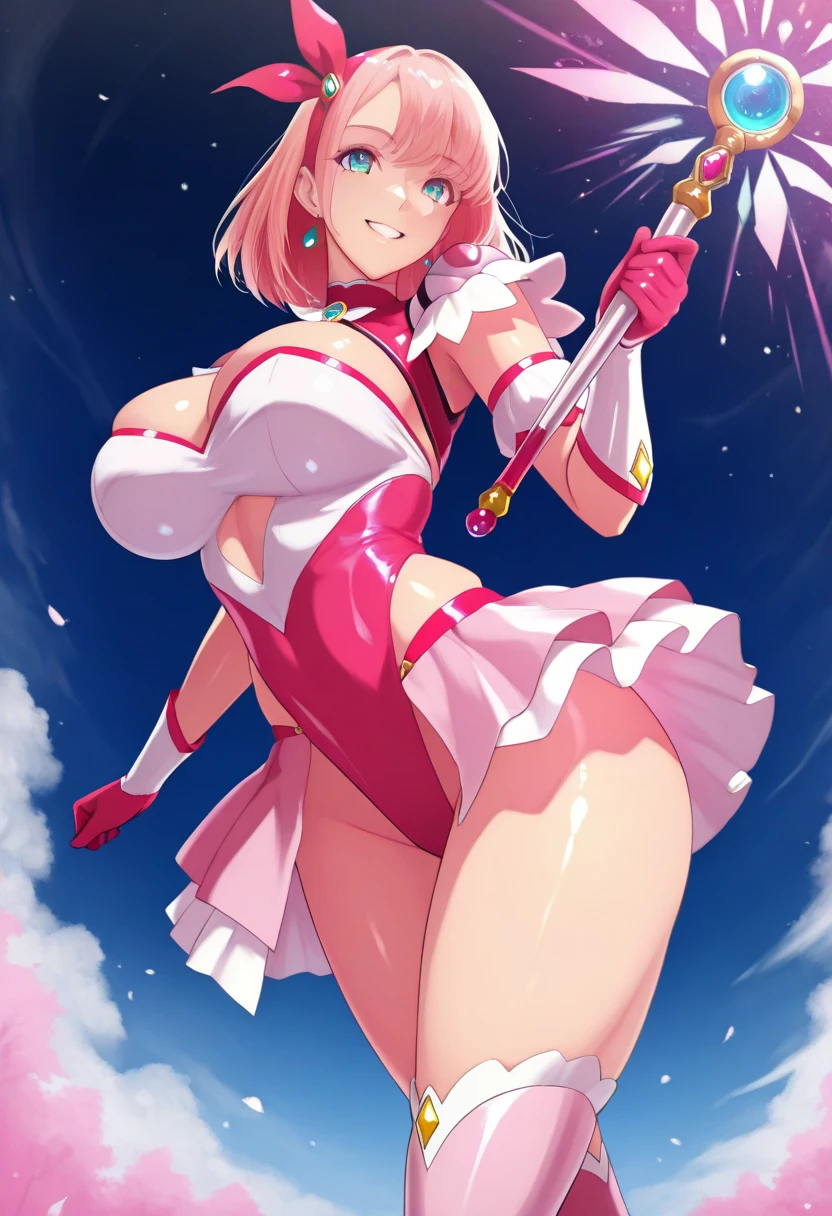1girl,(Irisviel von Einzbern),mature female,red eyes,solo,bangs,(gigantic_breasts:1.6),(hanging breasts:1.4),(magical_girl),white gloves,pink footwear,high heels,pink boots,pink bow,blue bow,bow,brooch,dress,standing,earrings,frilled dress,frills,gloves,hair bow,heart,jewelry, smile,open mouth,holding staff,art style,best quality,amazing quality,very aesthetic,absurdres,anime,best quality,amazing quality,very aesthetic,absurdres,