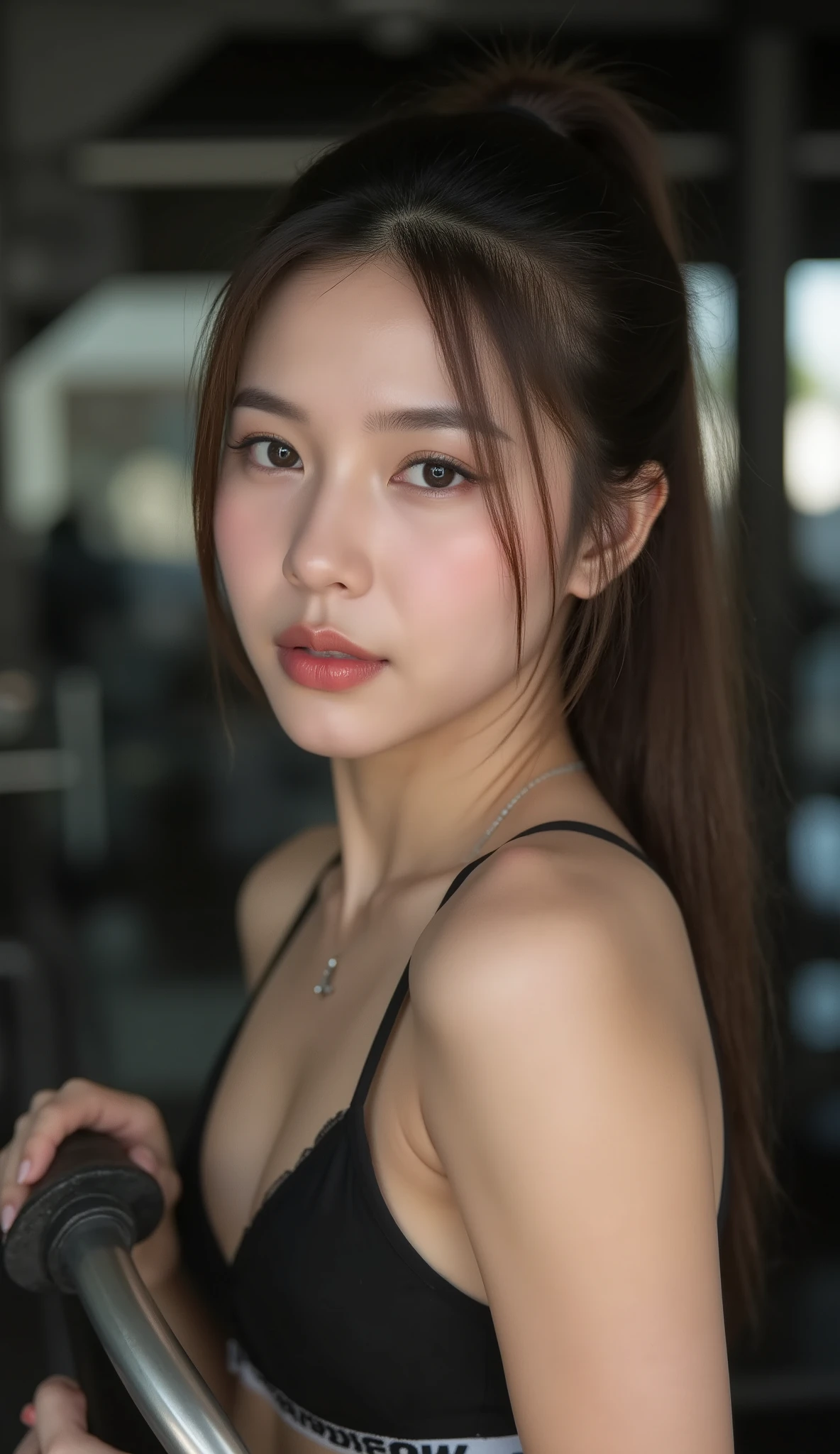 (full-body shot, side angle shot, sharp focus, 85mm lens, captured from mid-thighs to head, hyper-detailed skin texture, hard sunlit skin texture on face, deep light and shadow front lighting on the face, creating realistic depth and dimensionality on face, full facial details, realistic skin texture with pores, skin with real human texture, professional studio light setup, high dynamic range, front lighting with realistic shadows, natural contrast, perfectly balanced exposure), (ultra photorealistic, 8k, DSLR-quality, hyper sharp focus across entire image, alluring Thai woman, slim body with very long legs and (large breasts), long dark brown hair parted in the center, very long thick eyelashes, seductive expression, hair tied up into a sleek tight high bun on top of her head,
wear micro sport bra, g-string, working out on a curved abdominal crunch machine, sleek black steel gym equipment with semi-circular frame rails, modern fitness gym interior, woman in tight black sportswear holding the handles and curling her body forward
