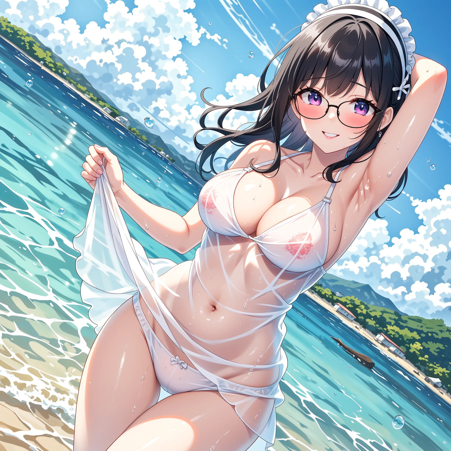 A 6-year-old girl with ???????????, plump figure, round, dressed in a baby yellow wedding dress, lace ??????, ?????? with lace cutouts, on the beach, glasses and wearing a thin tulle