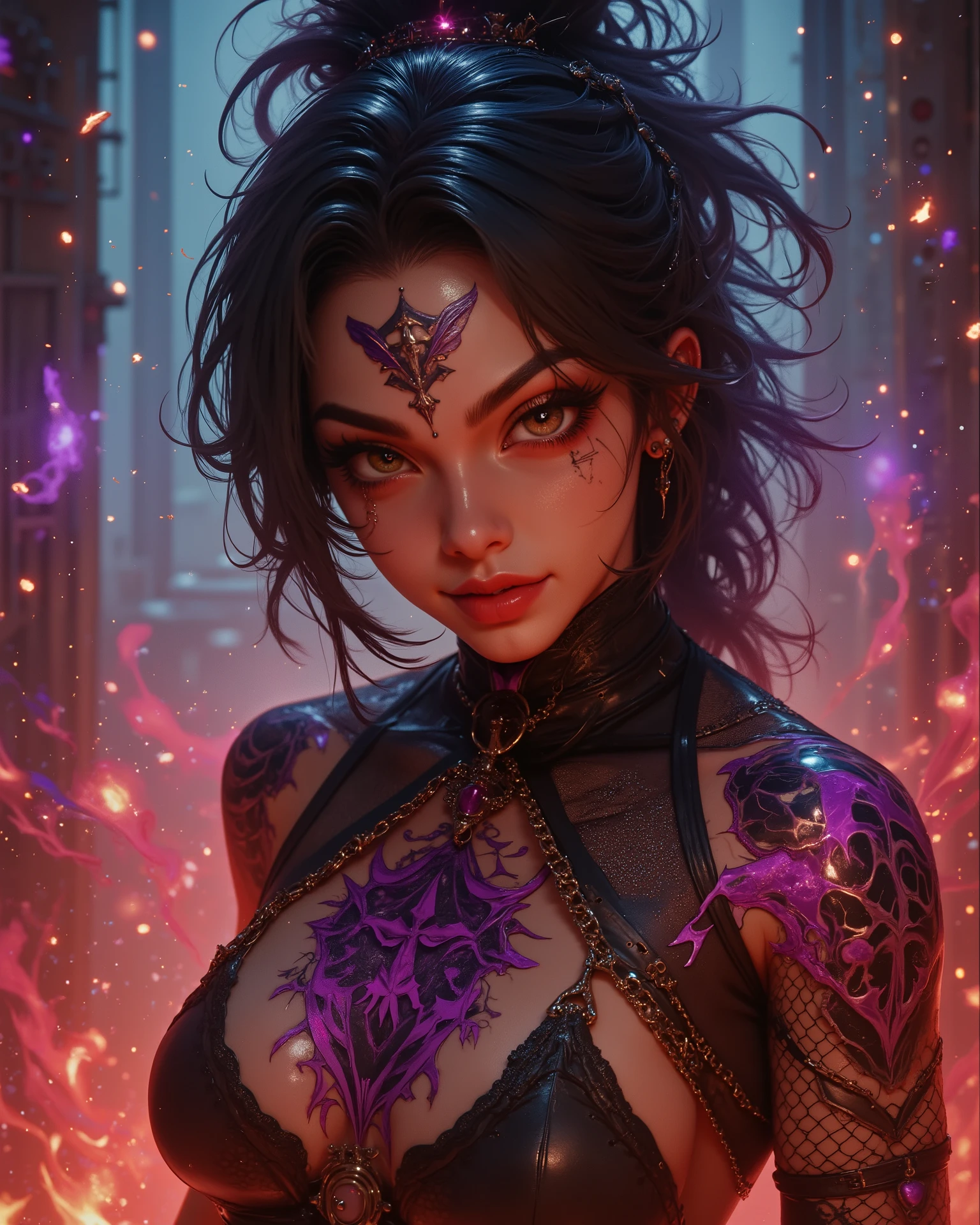 ightly luminous skin marked with intricate demon patterns inspired by the anime. Her body art blends with mystical runes. She wears a modern, edgy outfit with leather, fishnet, and metal details, chains, and torn gloves. The setting is an ancient Japanese industrial environment, with floating magical lights, ethereal mist, and red and violet energy sparks surrounding her. Cinematic dramatic lighting, reflections in the eyes, and deep shadows create an epic atmosphere, like a battle scene from an anime. The composition is frontal and close-up, with a low angle emphasizing her powerful gaze and confident expression. Ultra HD, anime-realism fusion style, vibrant colors, glowing particles, and a demonic aura — perfect for a spectacular wallpaper.Style: cinematic,realism, dramatic lightingResolution: 4K (3840×2160)Aspect ratio: 16:9Additional details: glowing particles, ethereal smoke, demonic aura, epic wallpaper atmosphere, ultra-detail, magical effects. I don't want any words, letters, or kanji in any language to appear in the image.