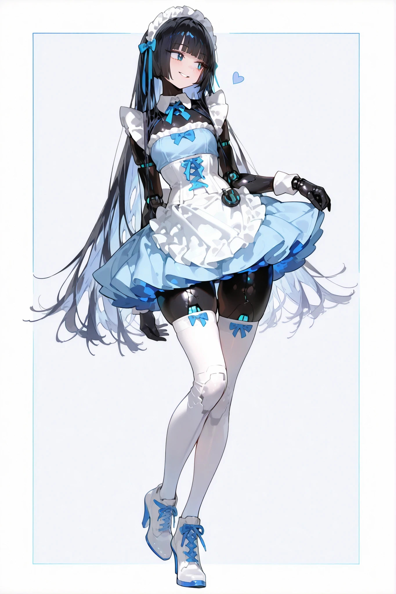ladyshadow,Robot Maid Musume１,dark haired(Light Blue Inner Color),Straight Long Hair(princess cut),flat chest,wide hips,maid clothes based on light blue(short skirts,corset,Ribbon decoration,white knee-highs,High Heel Shoelaces, Silver Robot Body ),is buckling,,looking away,He is smiling wryly.,a monk wearing a peace sign
