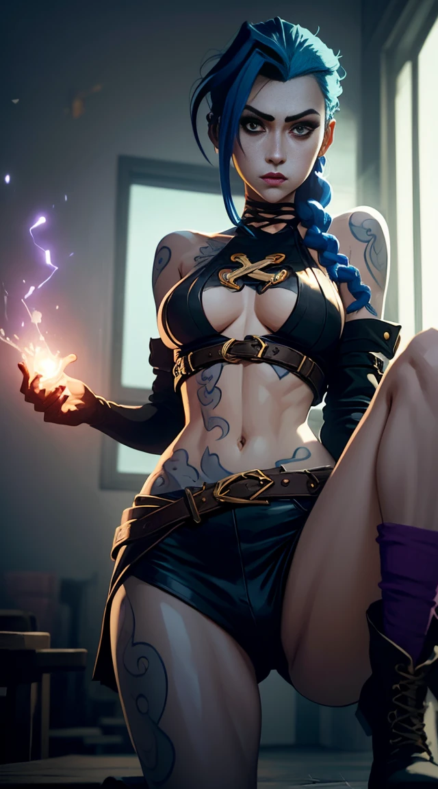 Masterpiece, Jinx from Arcane, flirty expression,  bikini, (standing above the viewer: 1), wearing high heels and  legs, secret lair background, intricately detailed background, (UHD, 8K wallpaper, High resolution), Cinematic lighting, award-winning, extremely detailed skin, extra detailed face, high detail eyes, photo-realistic, Zeiss 85 mm F/1.4, by Ellen von Unwerth